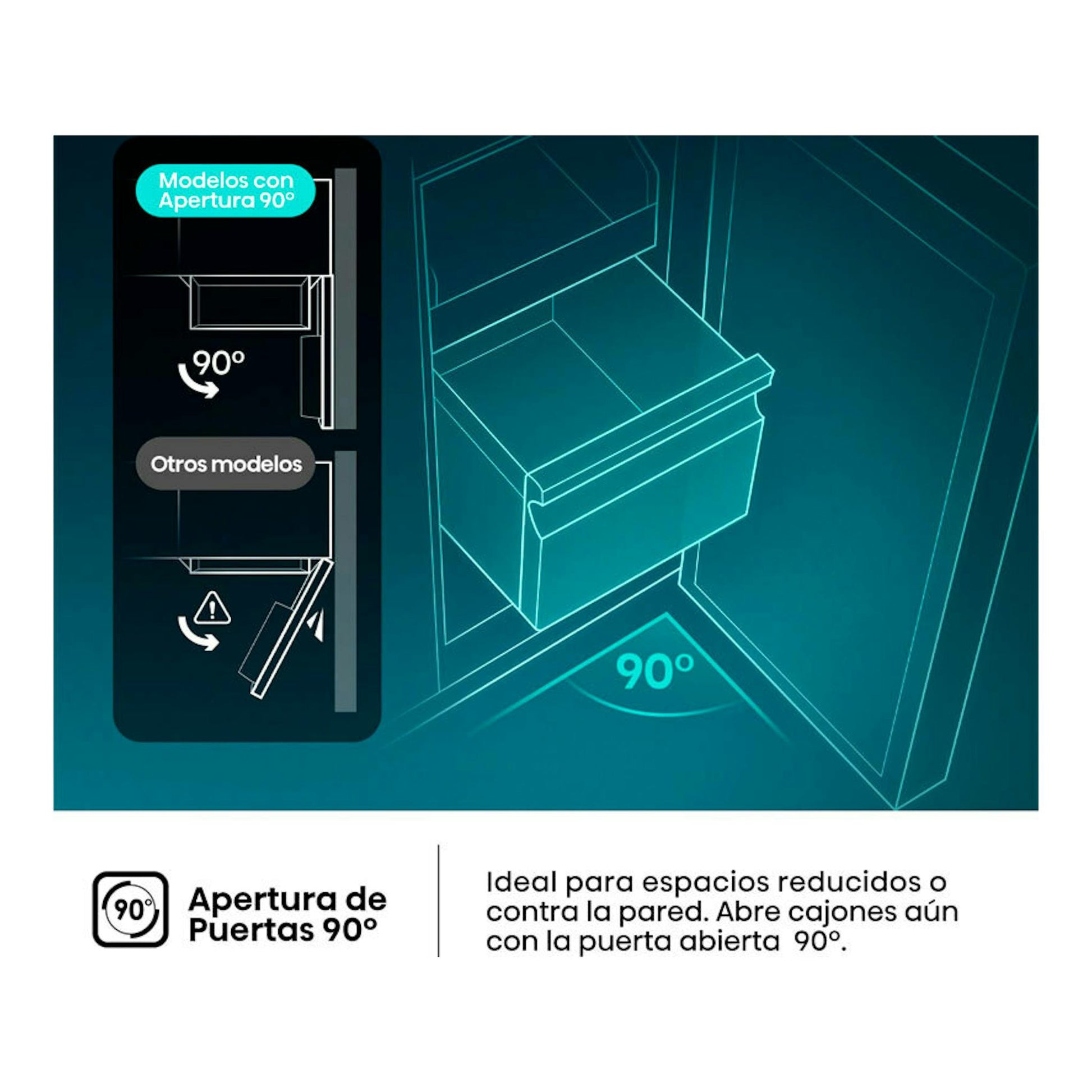 Infografía del congelador Hisense FT3K310SEWE blanco, vista frontal, con apertura de puerta a 90°.