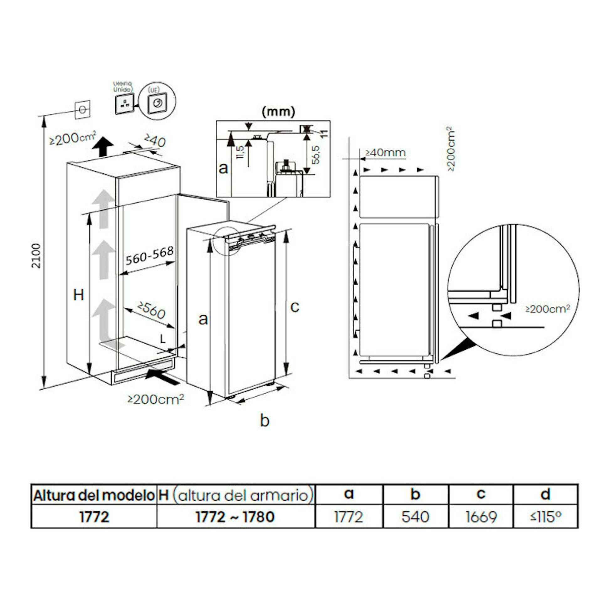 Diagrama técnico en blanco y negro del congelador integrable Hisense FT3B213SAWE, vista frontal y lateral.