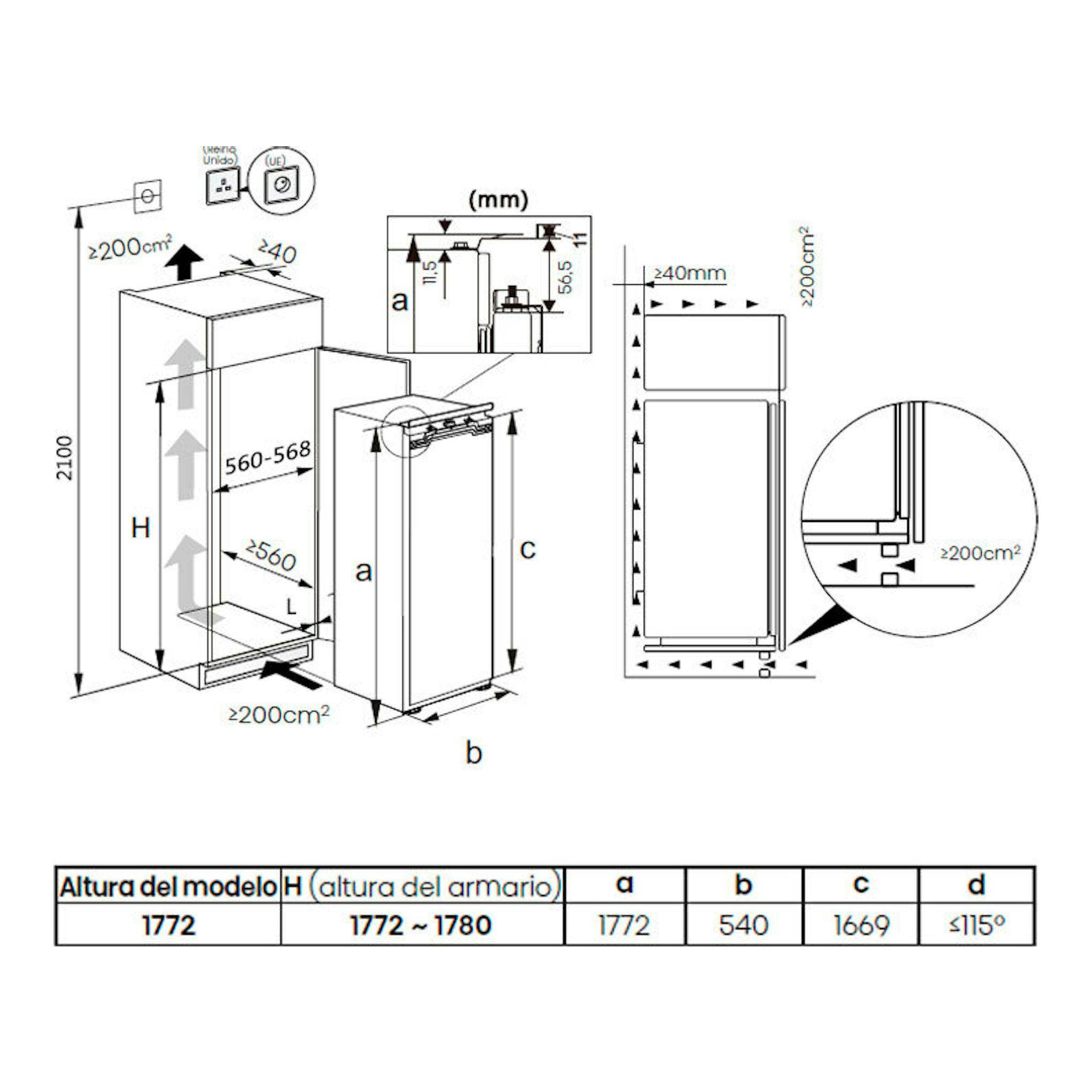 Diagrama técnico en blanco y negro del congelador integrable Hisense FT3B213SAWE, vista frontal y lateral.