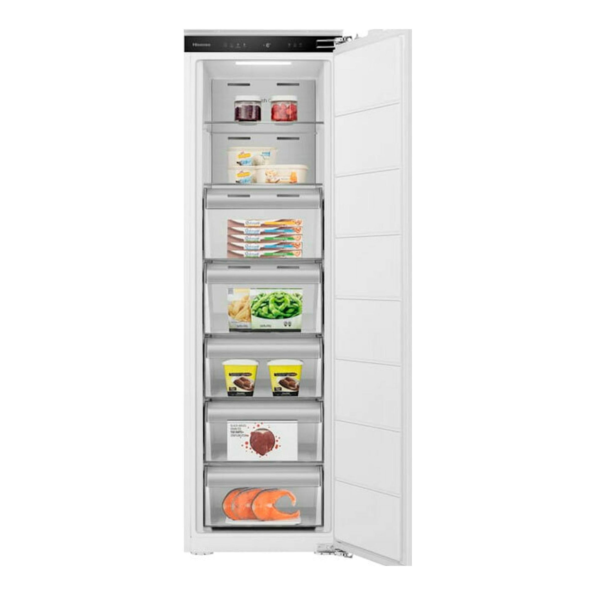 Congelador integrable Hisense FT3B213SAWE blanco, con puerta abierta en vista frontal.
