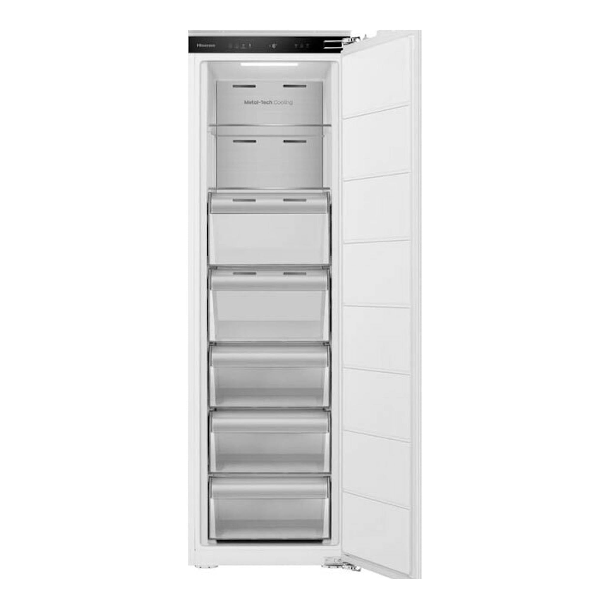 Congelador integrable Hisense FT3B213SAWE blanco, vista frontal con la puerta abierta y cajones interiores.