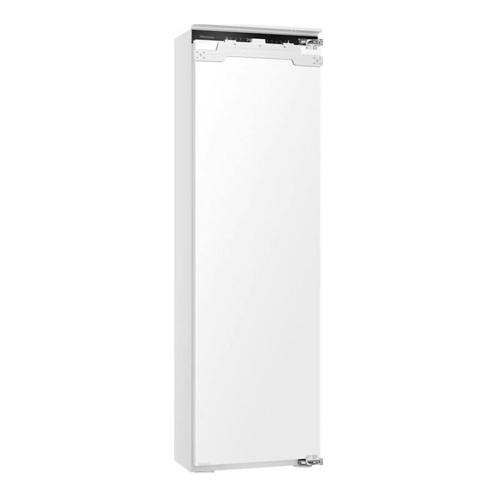 Congelador integrable Hisense FT3B213SAWE, blanco, vista frontal en ángulo, con herrajes visibles.
