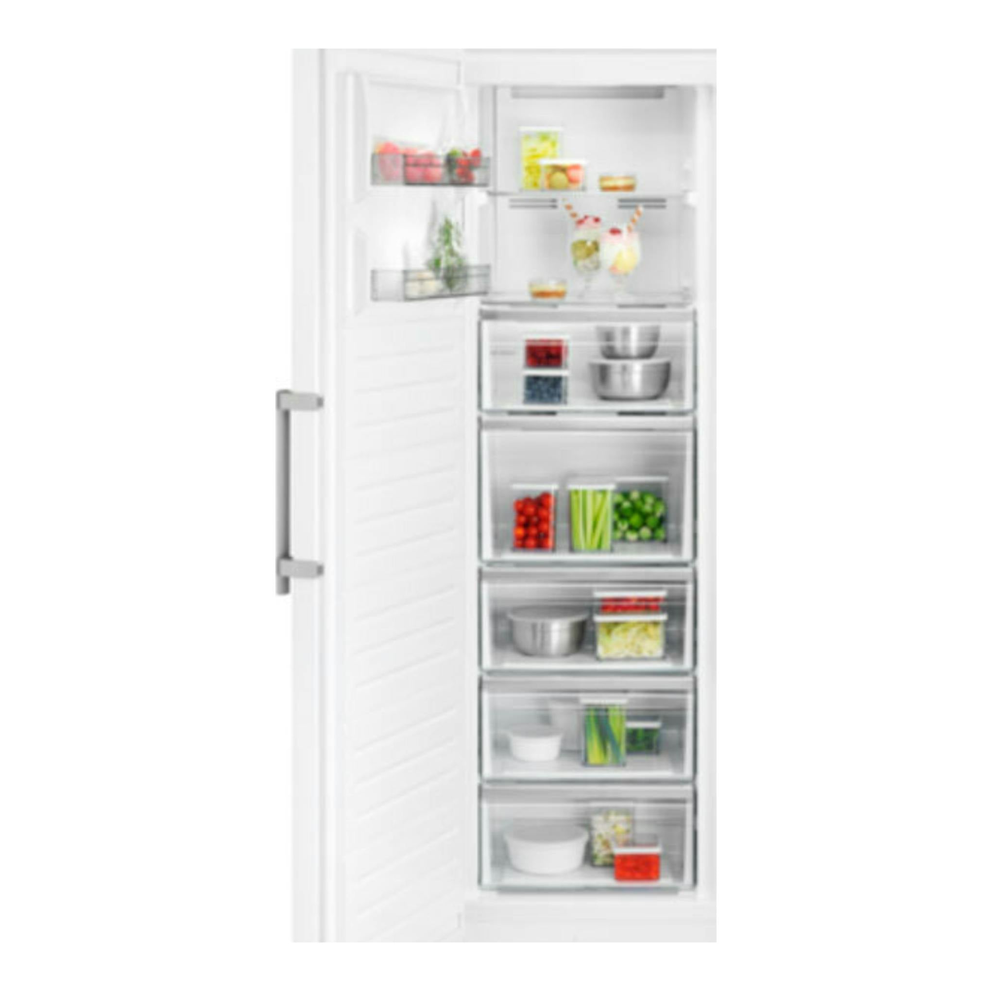 Congelador AEG OAG7M281EW blanco, vista frontal con puerta abierta y cajones interiores transparentes.