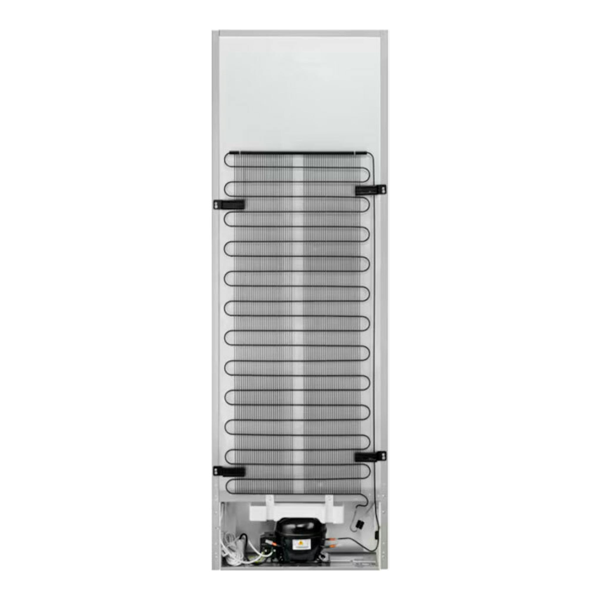 Congelador AEG OAG7M281EW blanco, vista trasera con rejilla negra y compresor inferior.