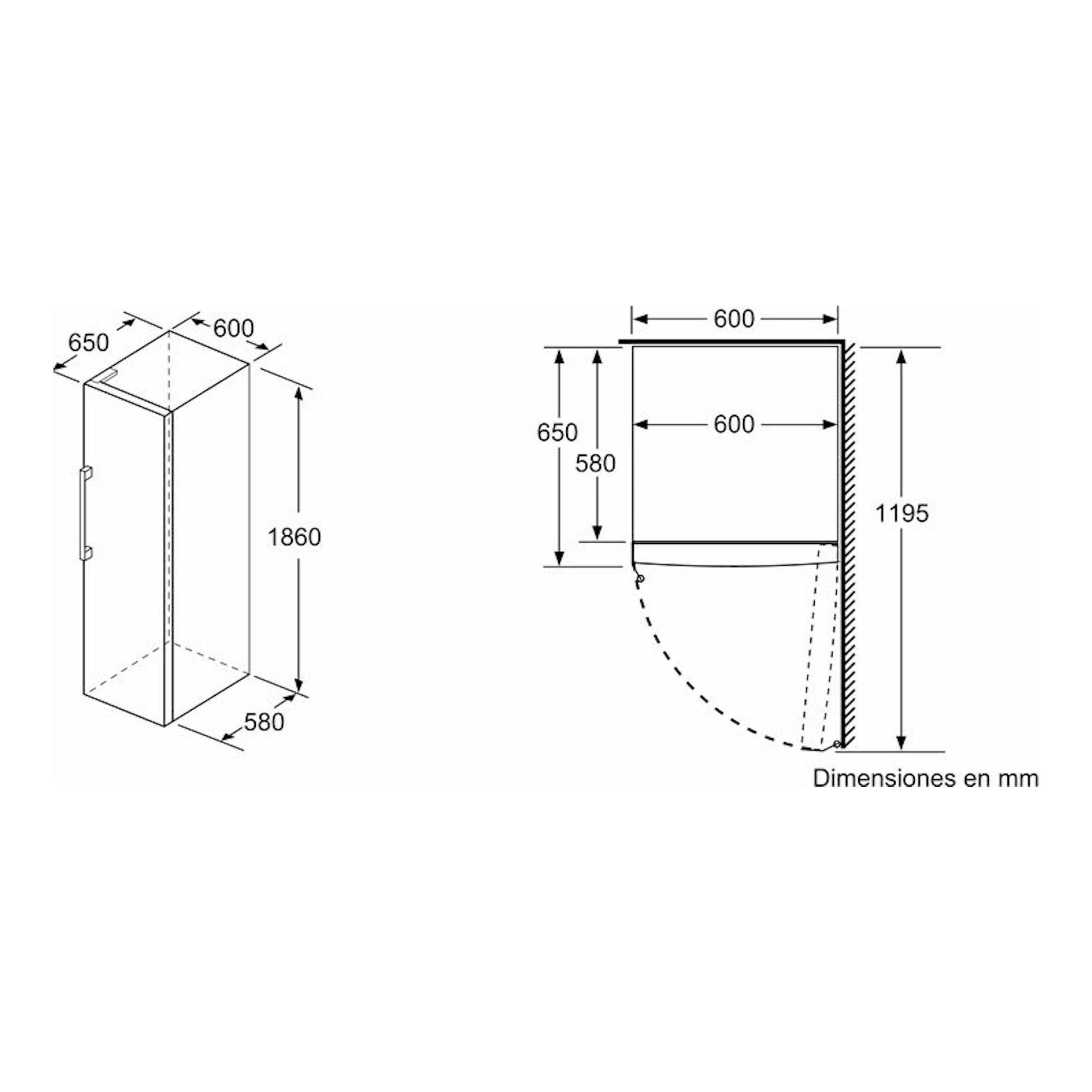Balay 3GFE553ME, congelador vertical en inox mate, esquema de dimensiones en vista frontal y lateral.