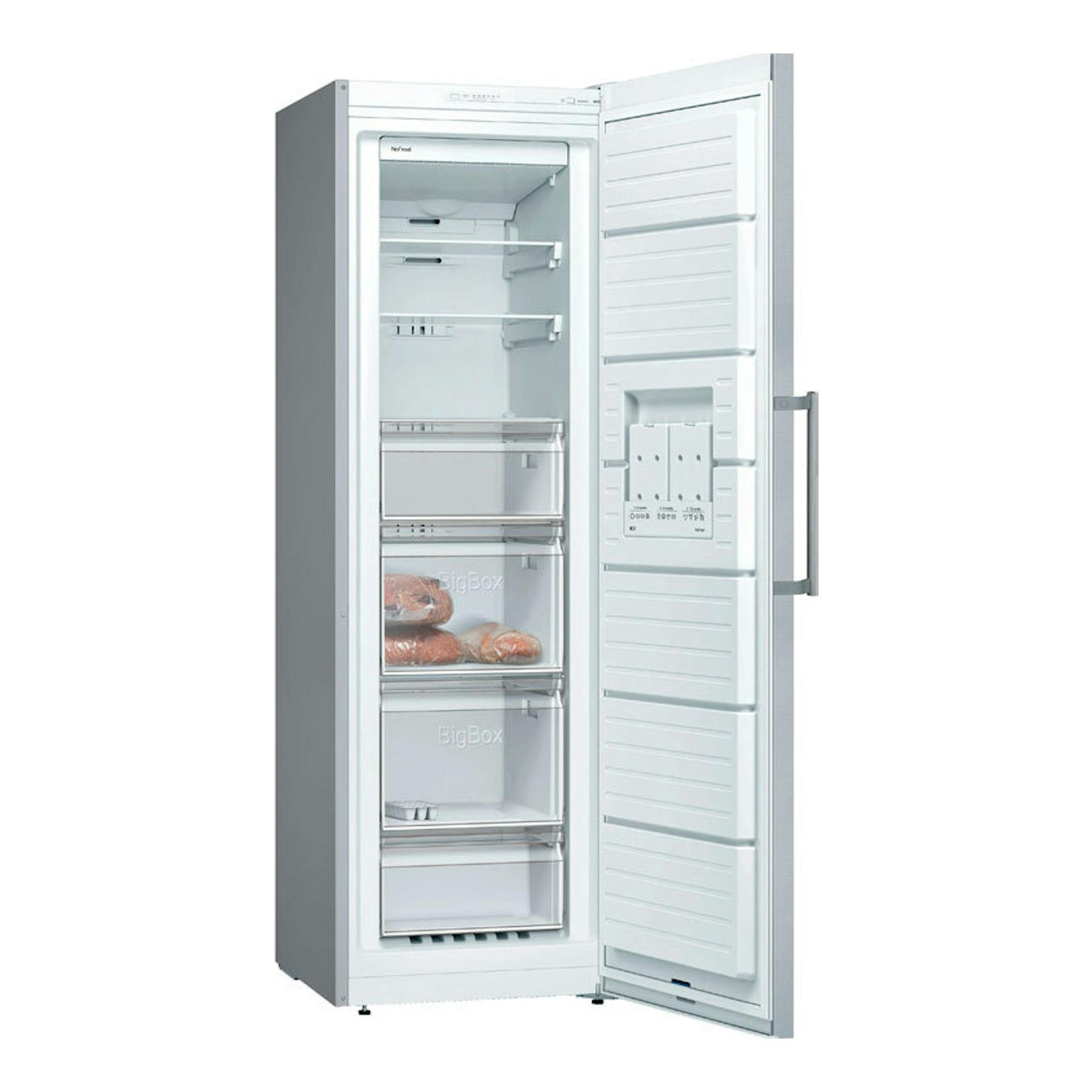 Congelador Balay 3GFE553ME inox mate, vista frontal abierta, con cajones y bandejas interiores.