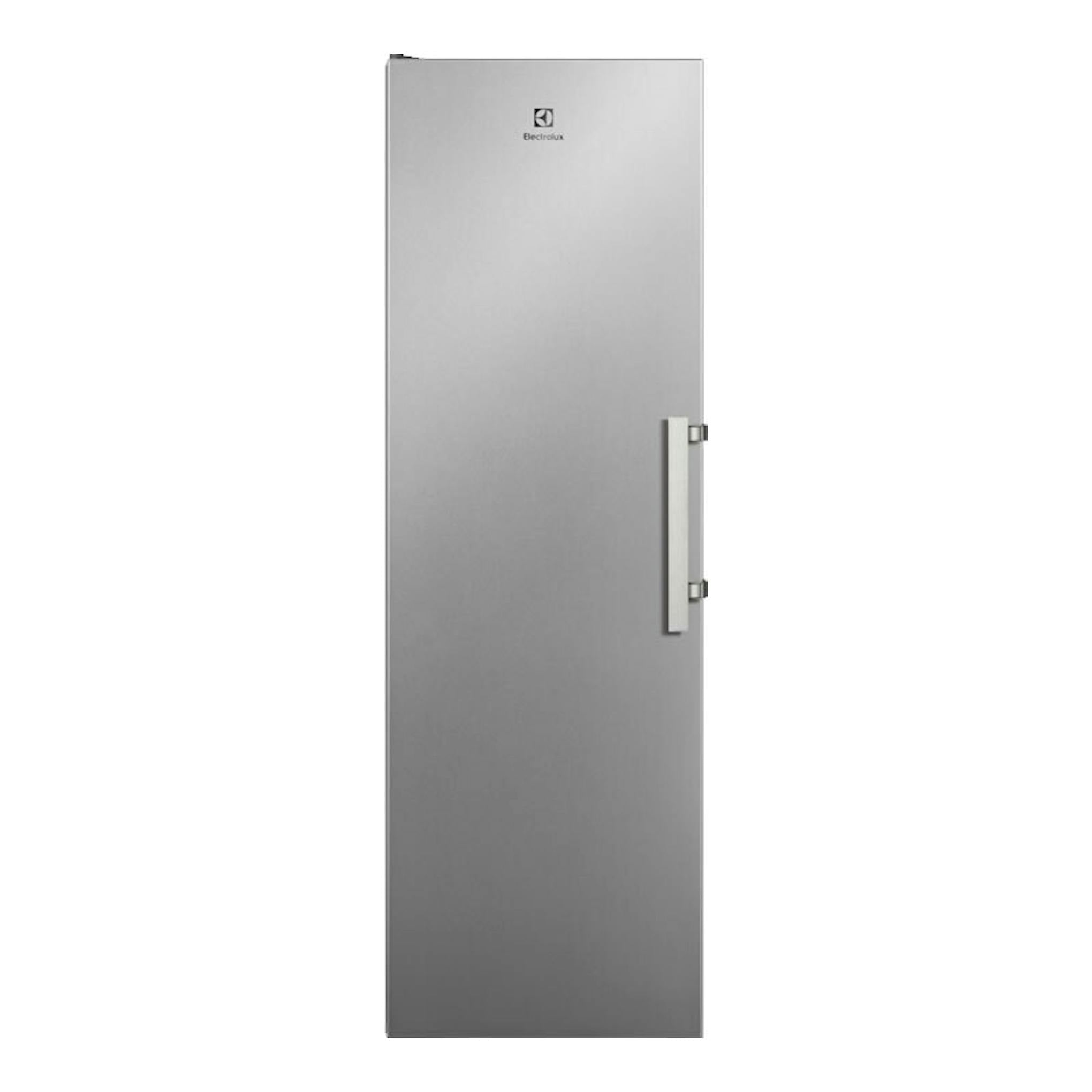 Congelador vertical Electrolux LUT6NE28U inox, vista frontal, puerta plateada con tirador lateral.