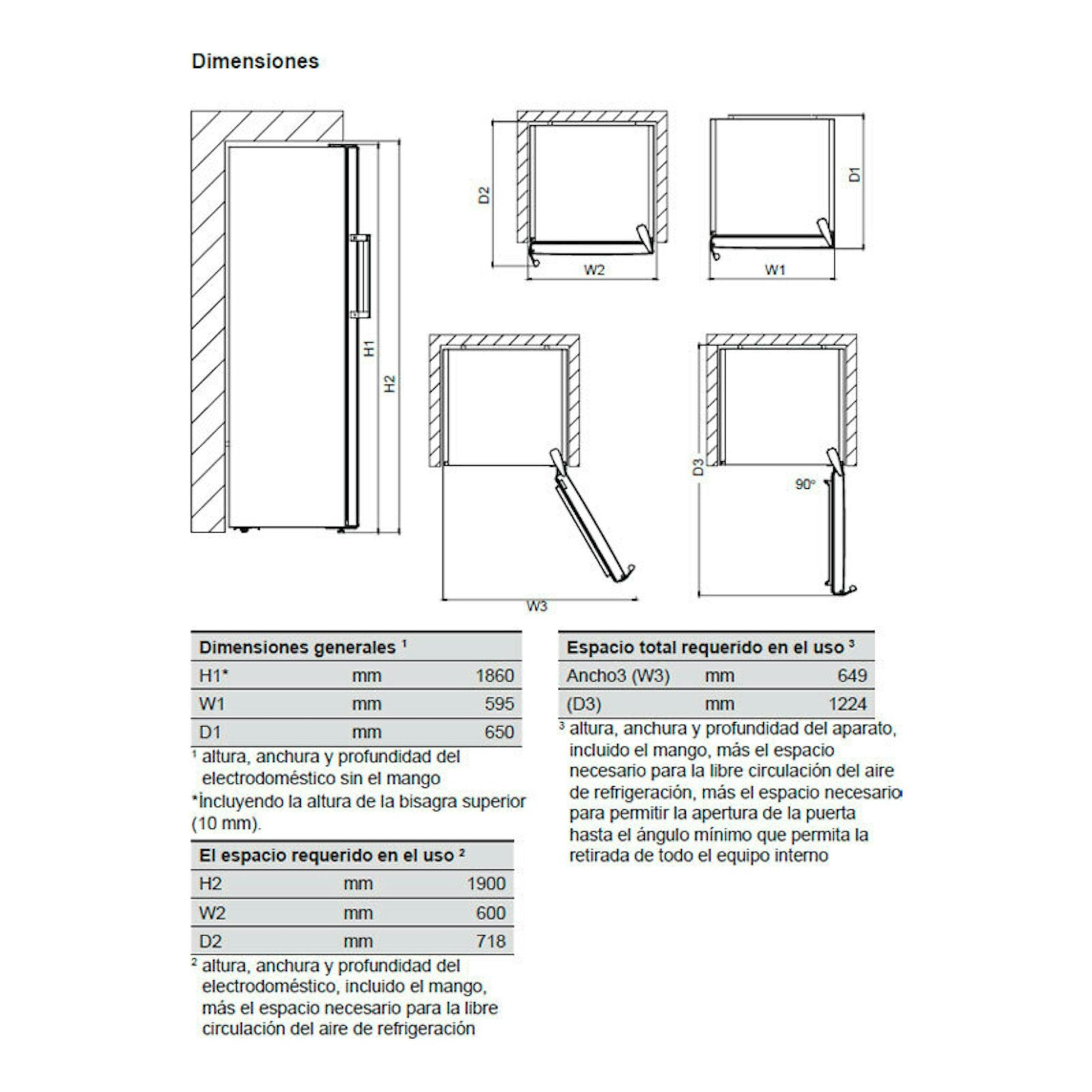 Diagrama de dimensiones del congelador Electrolux LUT6NE28W blanco, con vistas lateral y frontal y medidas.