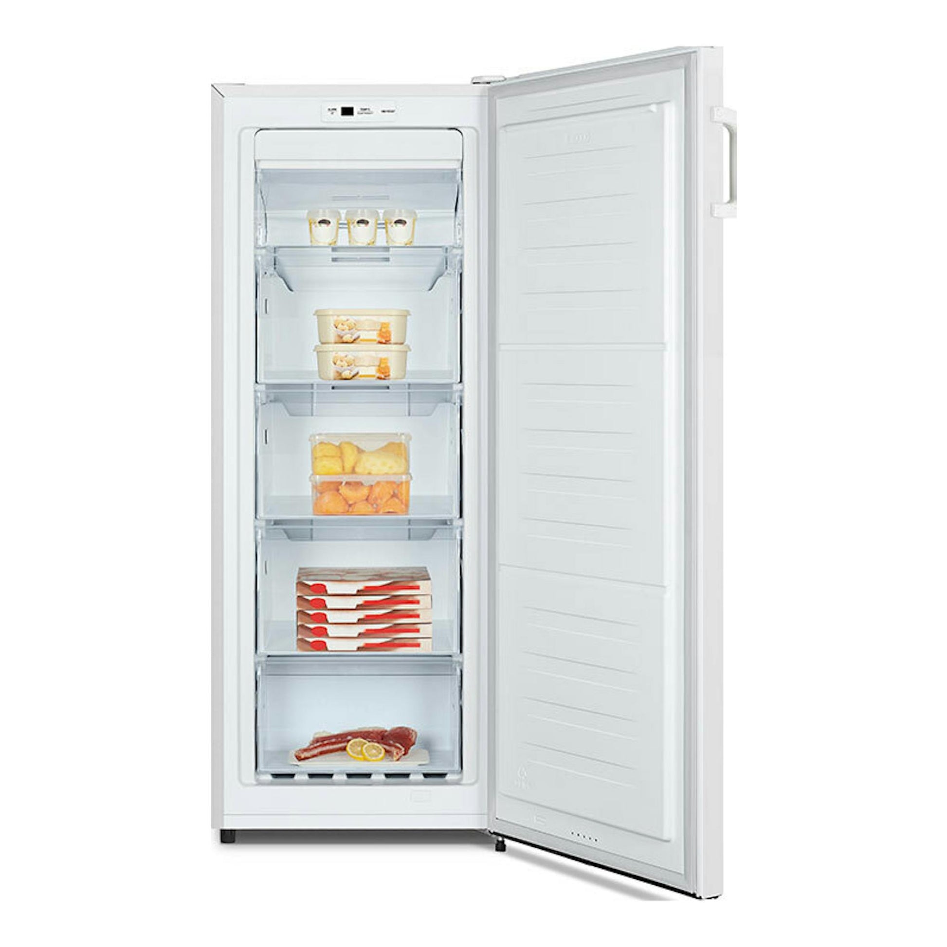 Congelador Hisense FV191N4AW2 blanco, vista frontal con la puerta abierta y varios cajones interiores.