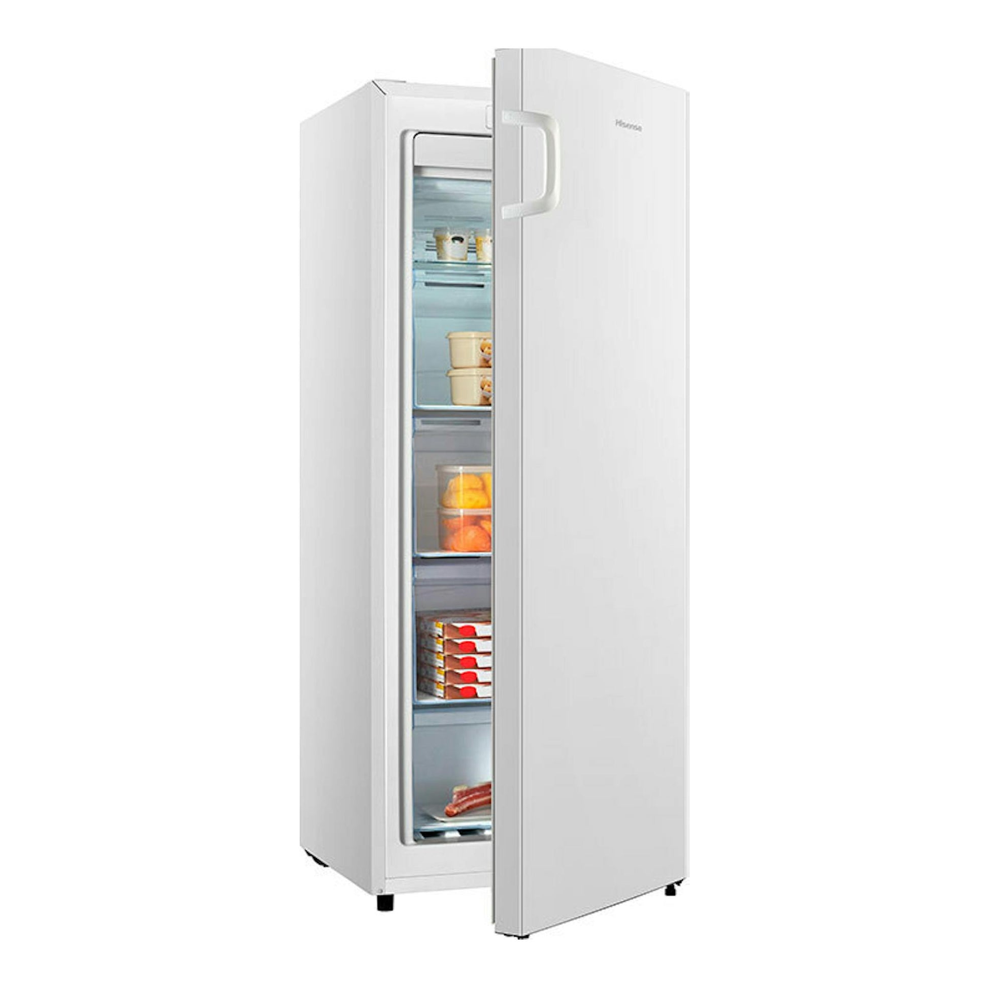 Congelador vertical Hisense FV191N4AW2 blanco, vista frontal en tres cuartos, con la puerta abierta.