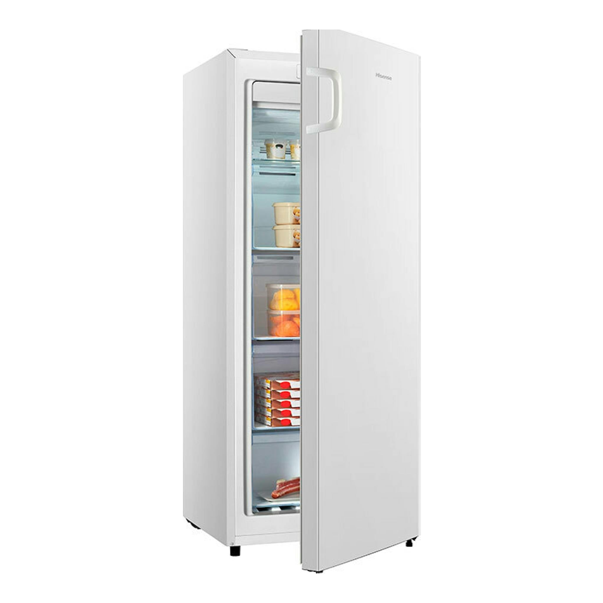 Congelador vertical Hisense FV191N4AW2 blanco, vista frontal en tres cuartos, con la puerta abierta.