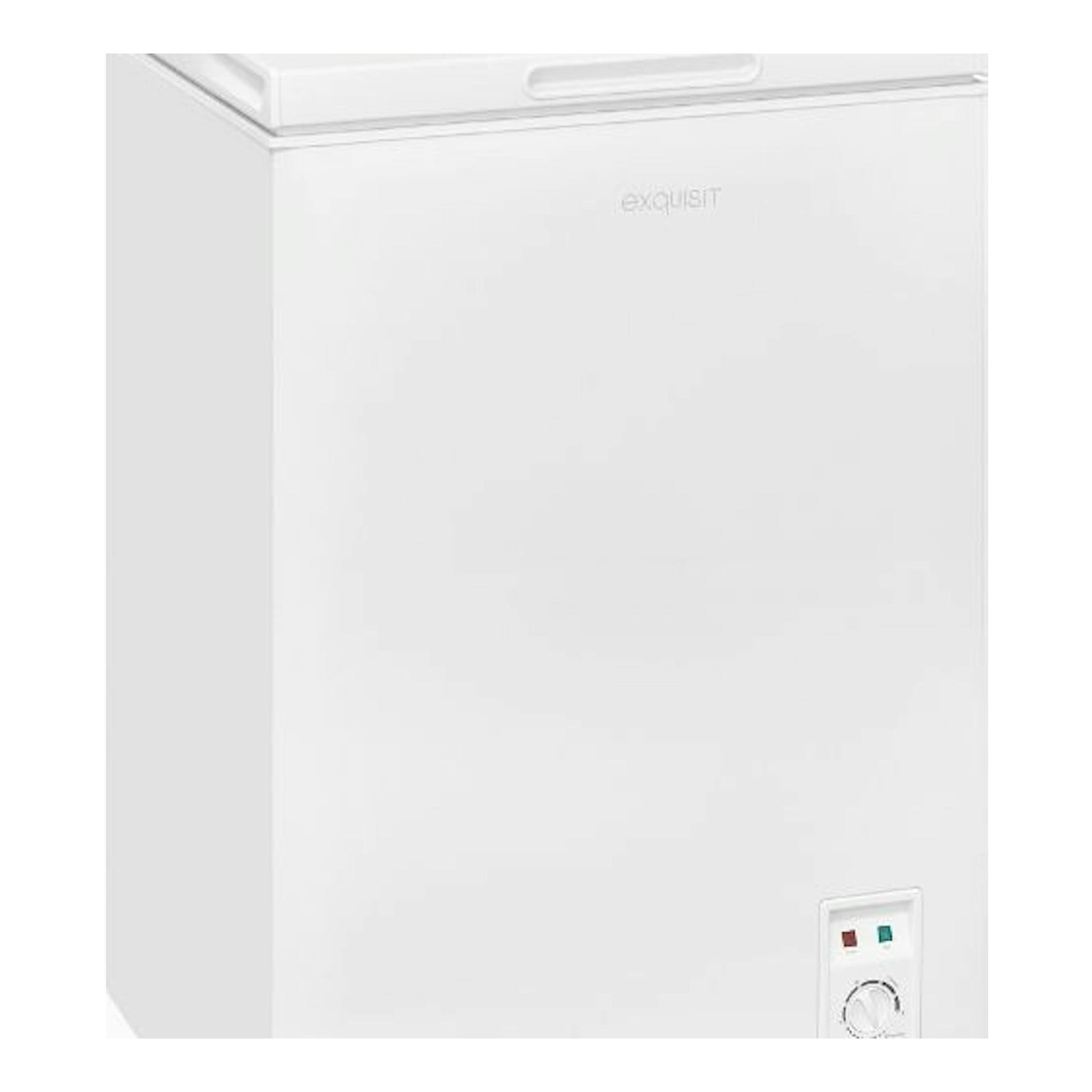 Congelador horizontal Exquisit GT100-050E blanco, vista frontal en ángulo, con panel inferior.