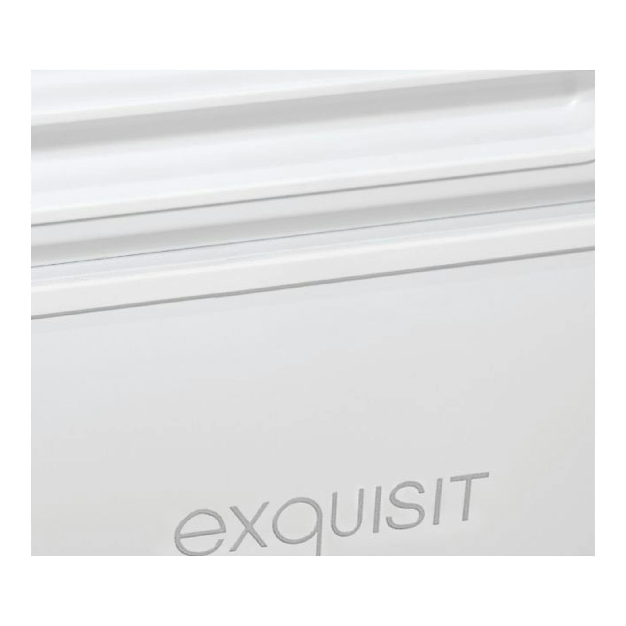 Congelador horizontal Exquisit GT100-050E, blanco, vista frontal parcial con asa y logo.
