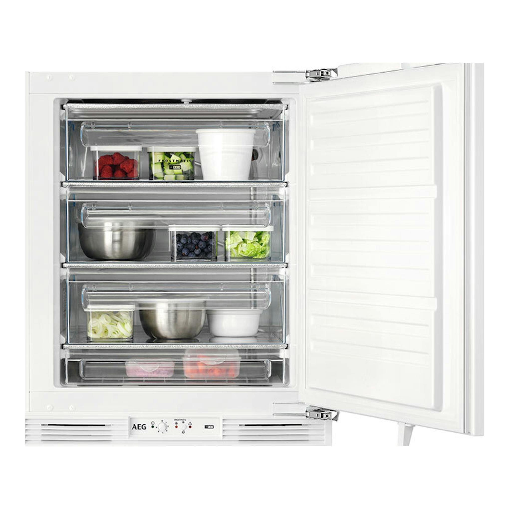 Congelador integrable AEG OAB6I82EF blanco, vista frontal con puerta abierta y cajones transparentes.
