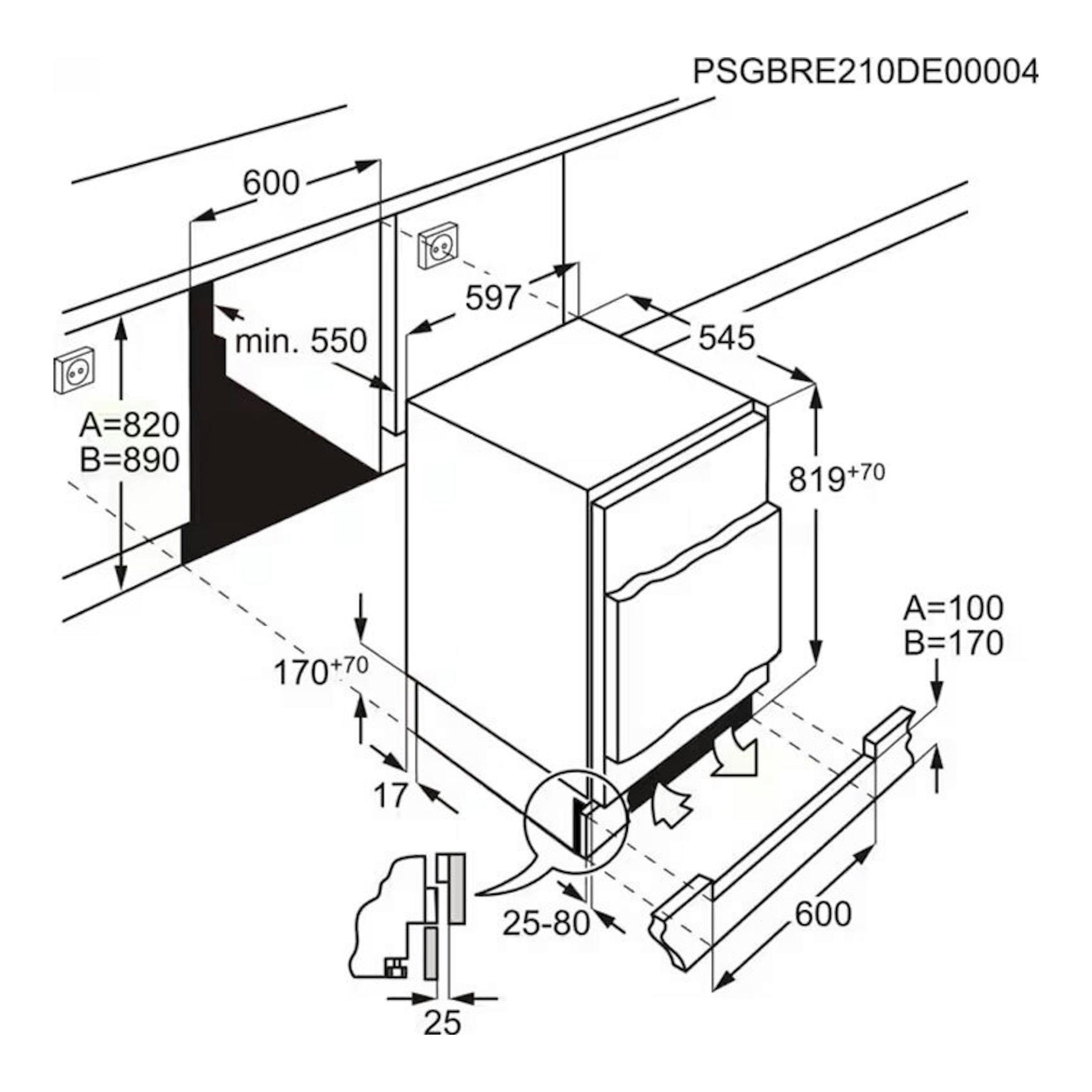 Esquema de instalación de congelador integrable AEG OAB6I82EF, con medidas y vista frontal.
