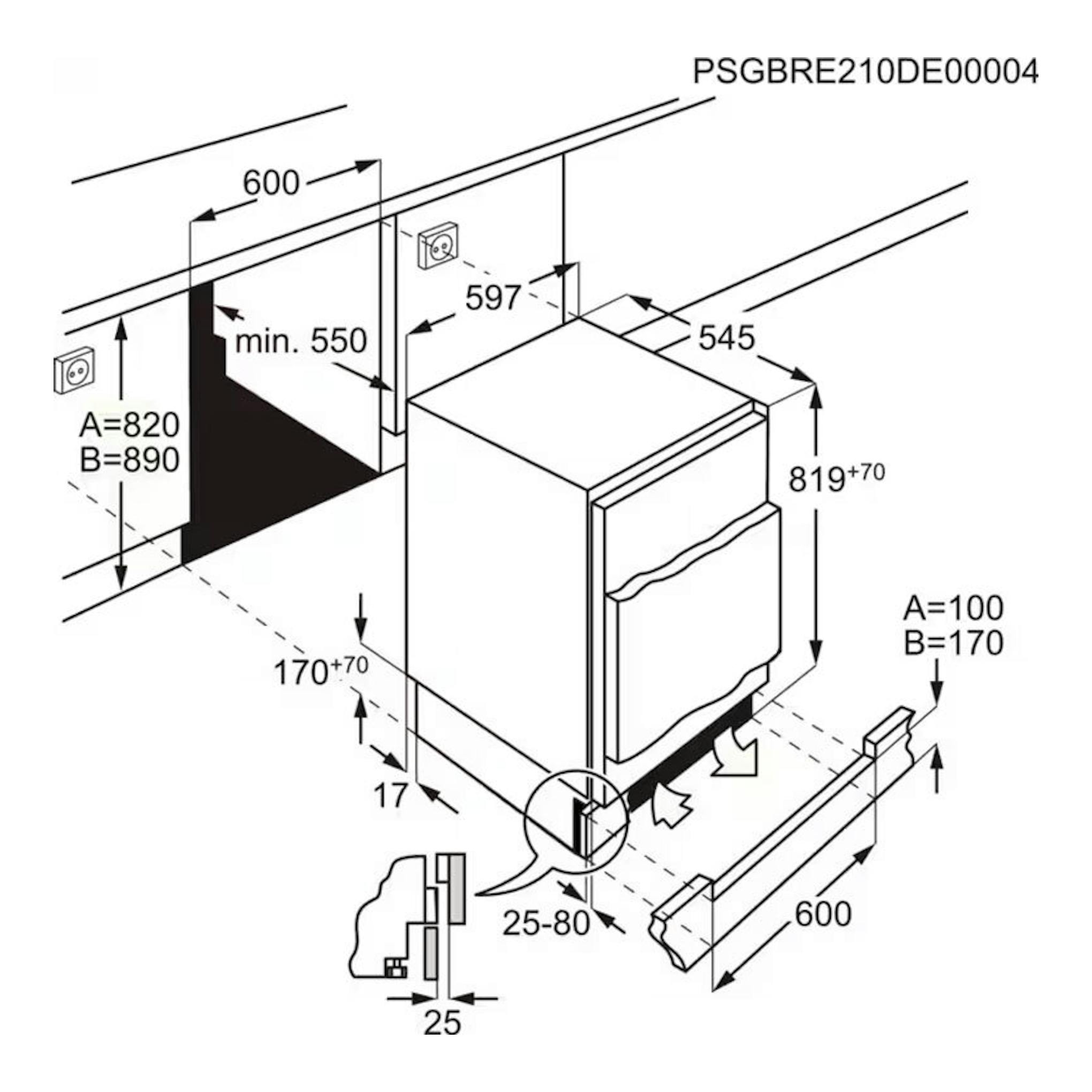 Esquema de instalación de congelador integrable AEG OAB6I82EF, con medidas y vista frontal.