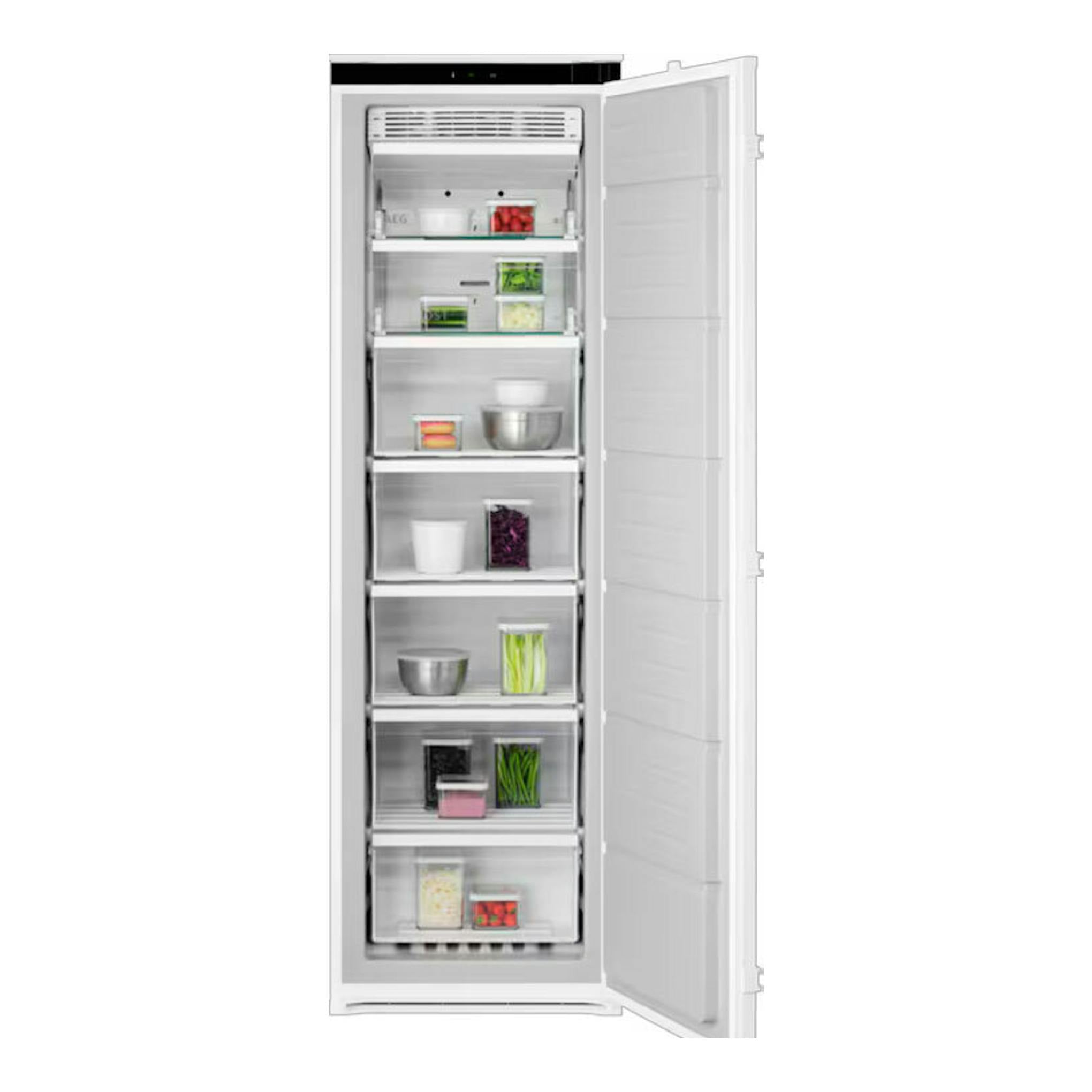 Congelador integrable AEG TB7NA181ES, vista frontal, puerta blanca abierta y varios cajones con alimentos.