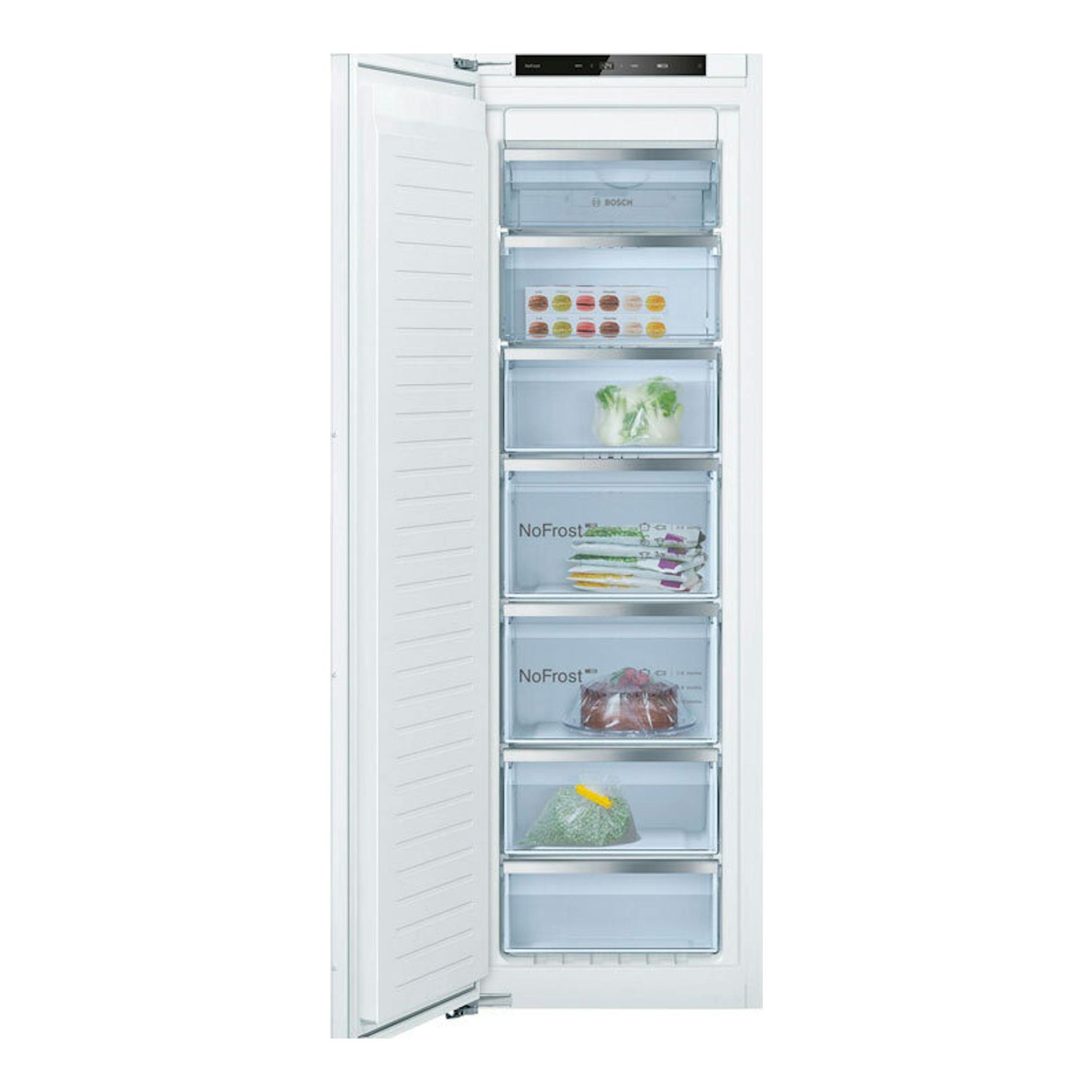 Congelador integrable Bosch GIN81VEE0 blanco, vista frontal con la puerta abierta y cajones transparentes.