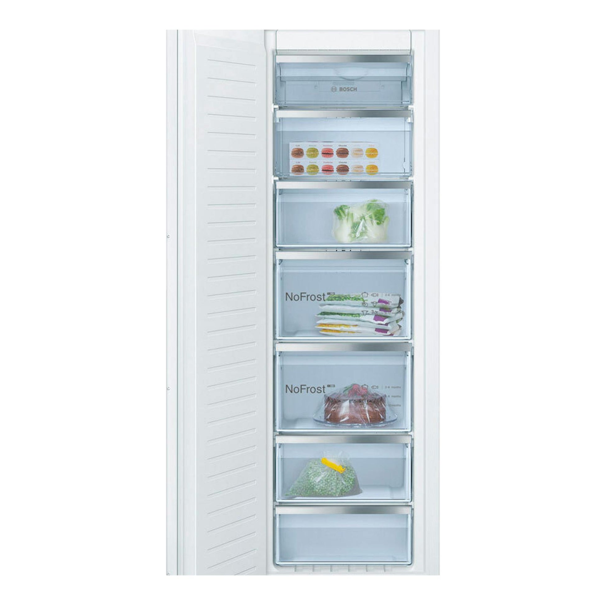 Congelador integrable Bosch GIN81VEE0, puerta abierta, vista frontal, interior blanco con cajones transparentes.