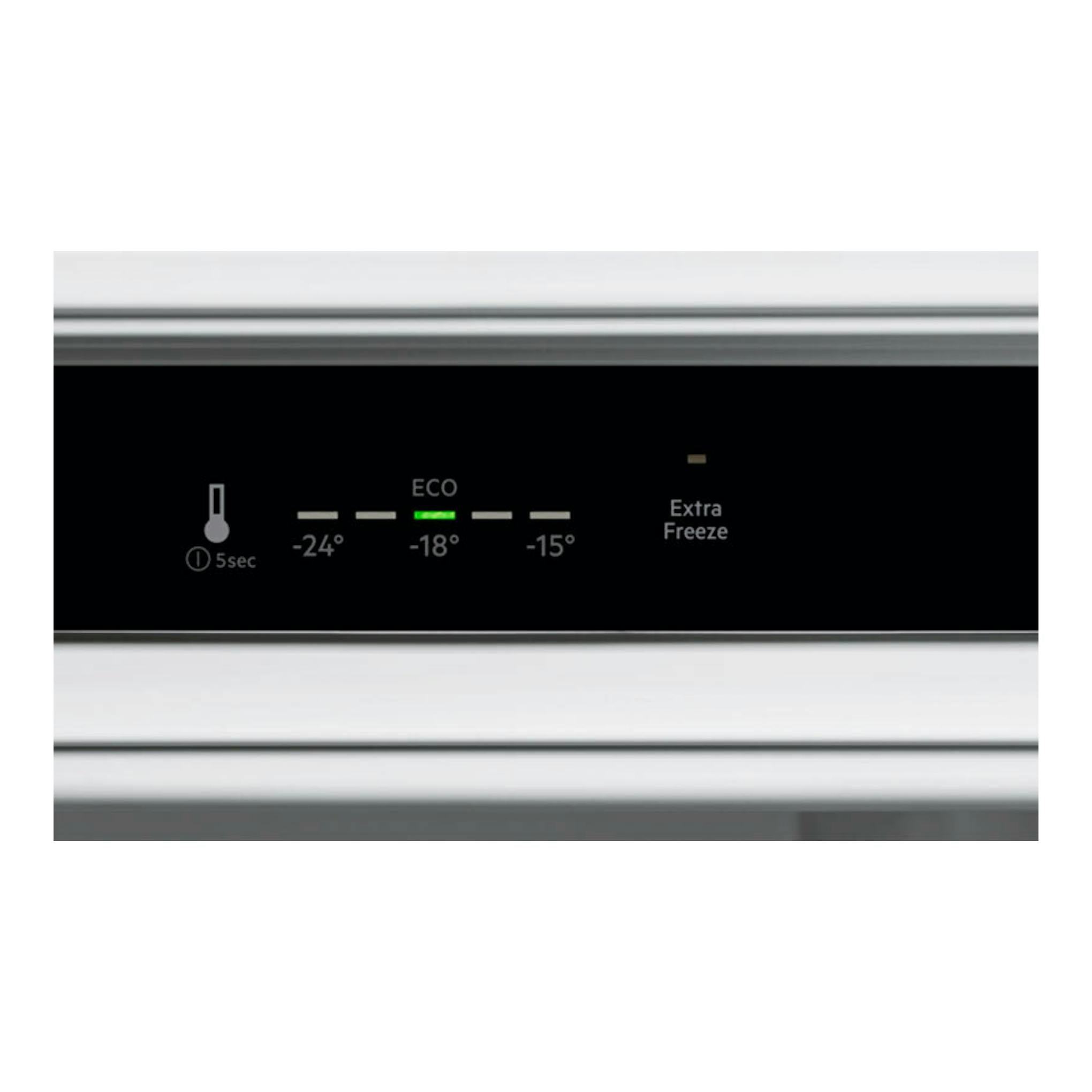 Congelador integrable Electrolux EUN7NE18S, vista frontal del panel negro con temperaturas -24, ECO -18, -15 y Extra Freeze.