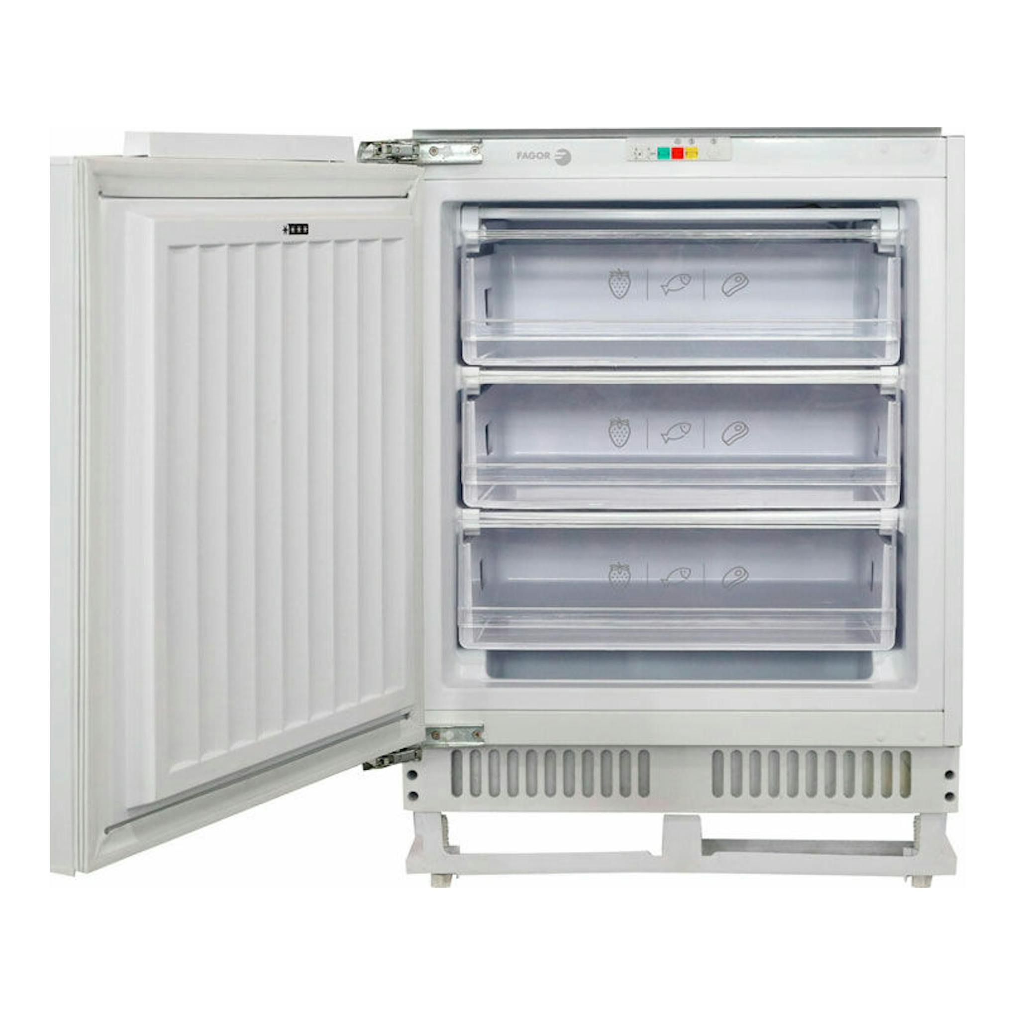 Congelador integrable Fagor 3CIV840 blanco, vista frontal con la puerta abierta y tres cajones transparentes.