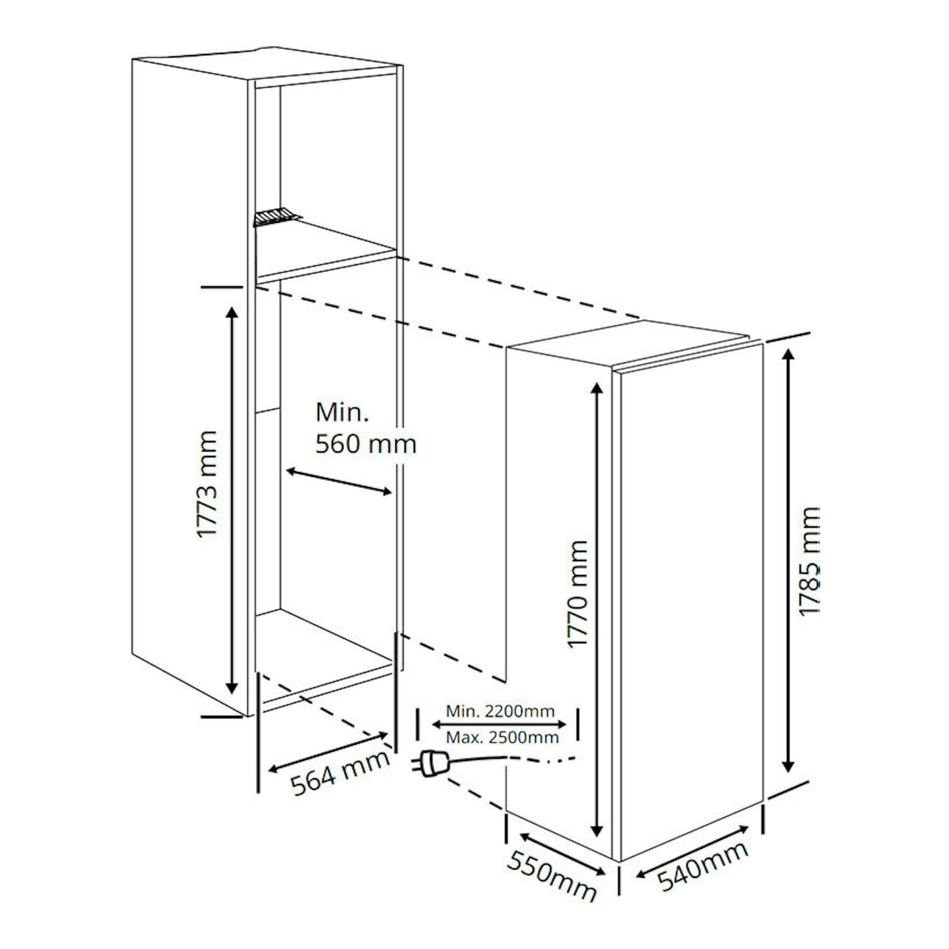 Diagrama técnico en blanco y negro del congelador integrable Teka RSF73385FI, vista frontal y lateral con medidas.