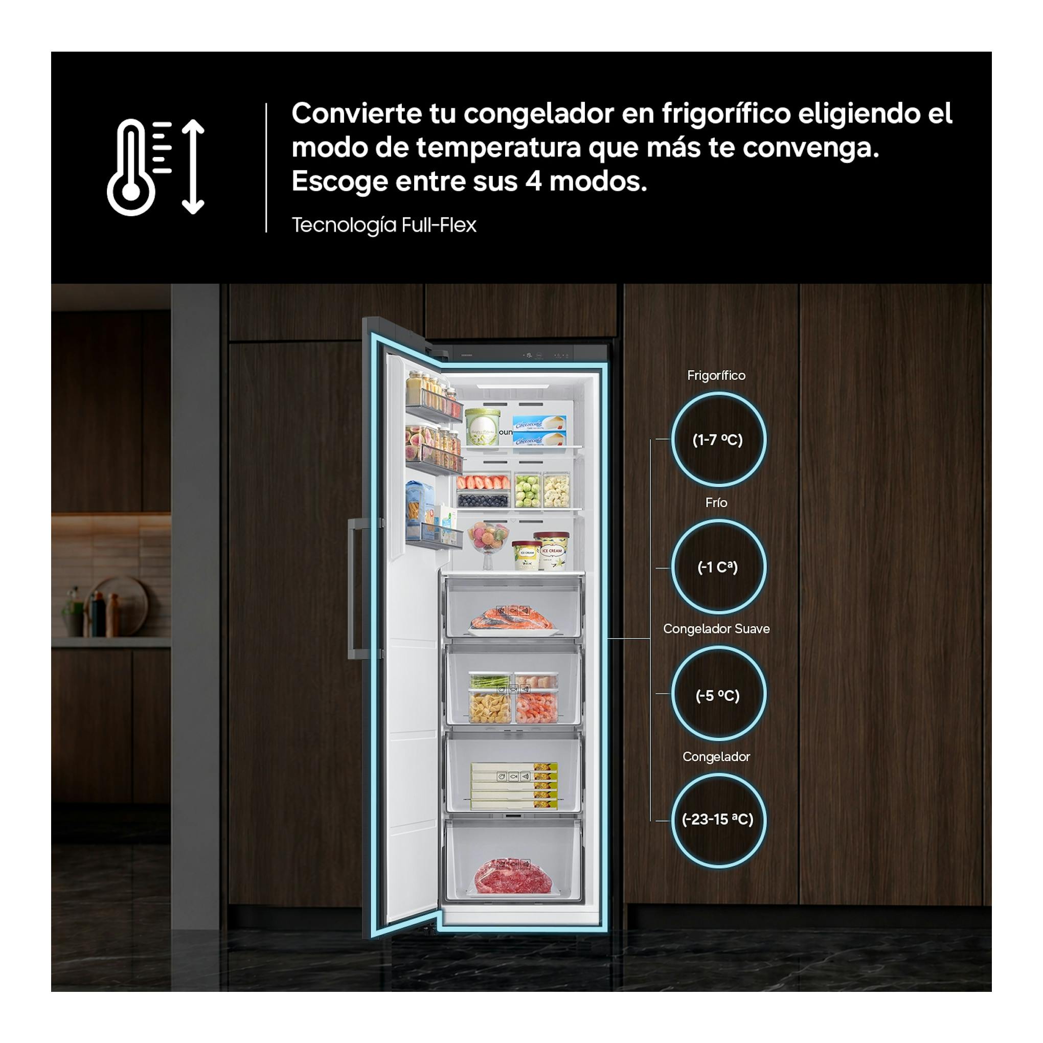 Samsung RZ40H32PETEF, congelador vertical blanco abierto de frente, con cajones y panel de temperatura.