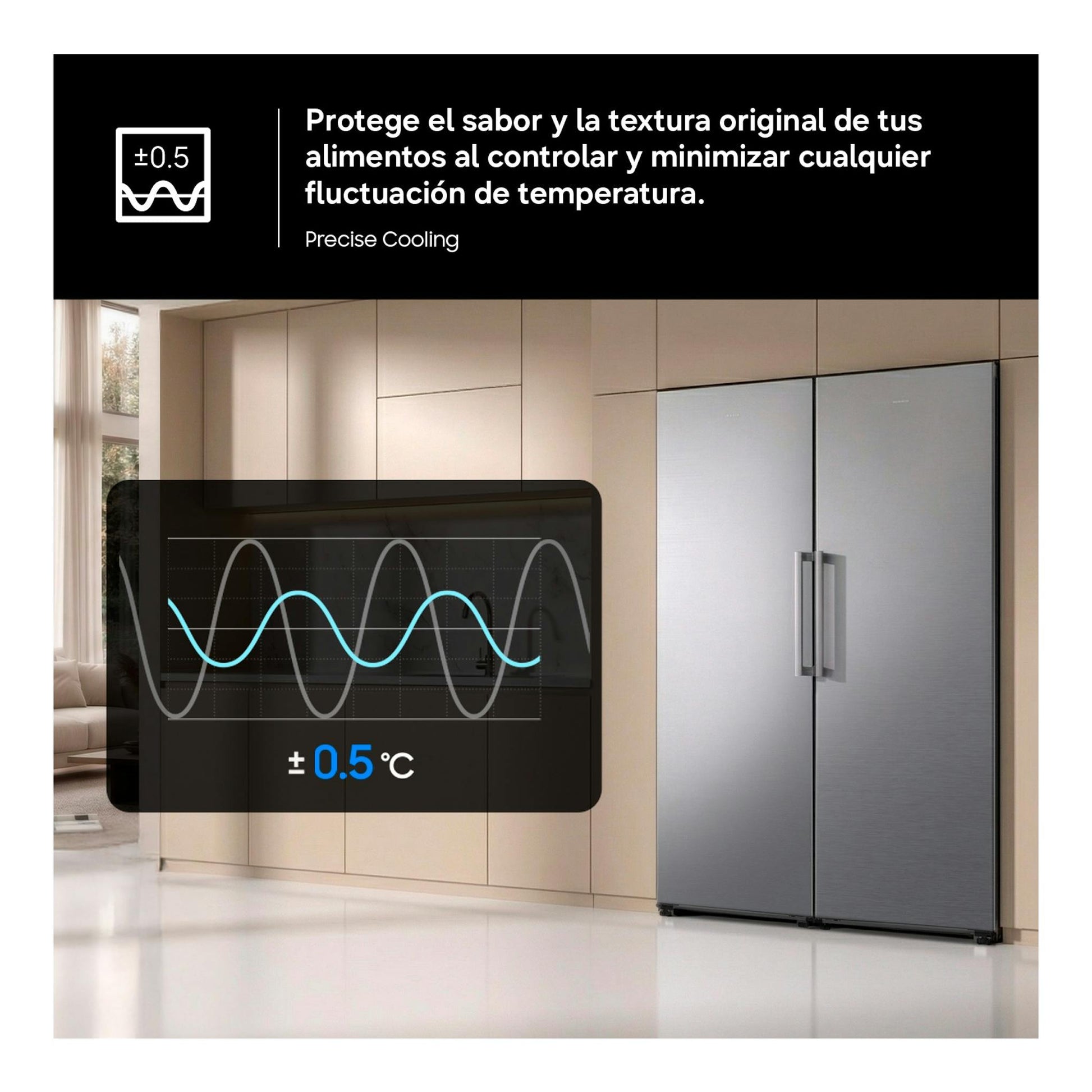 Congelador vertical Samsung RZ40H32PETEF, vista frontal, acero inoxidable, en una cocina.