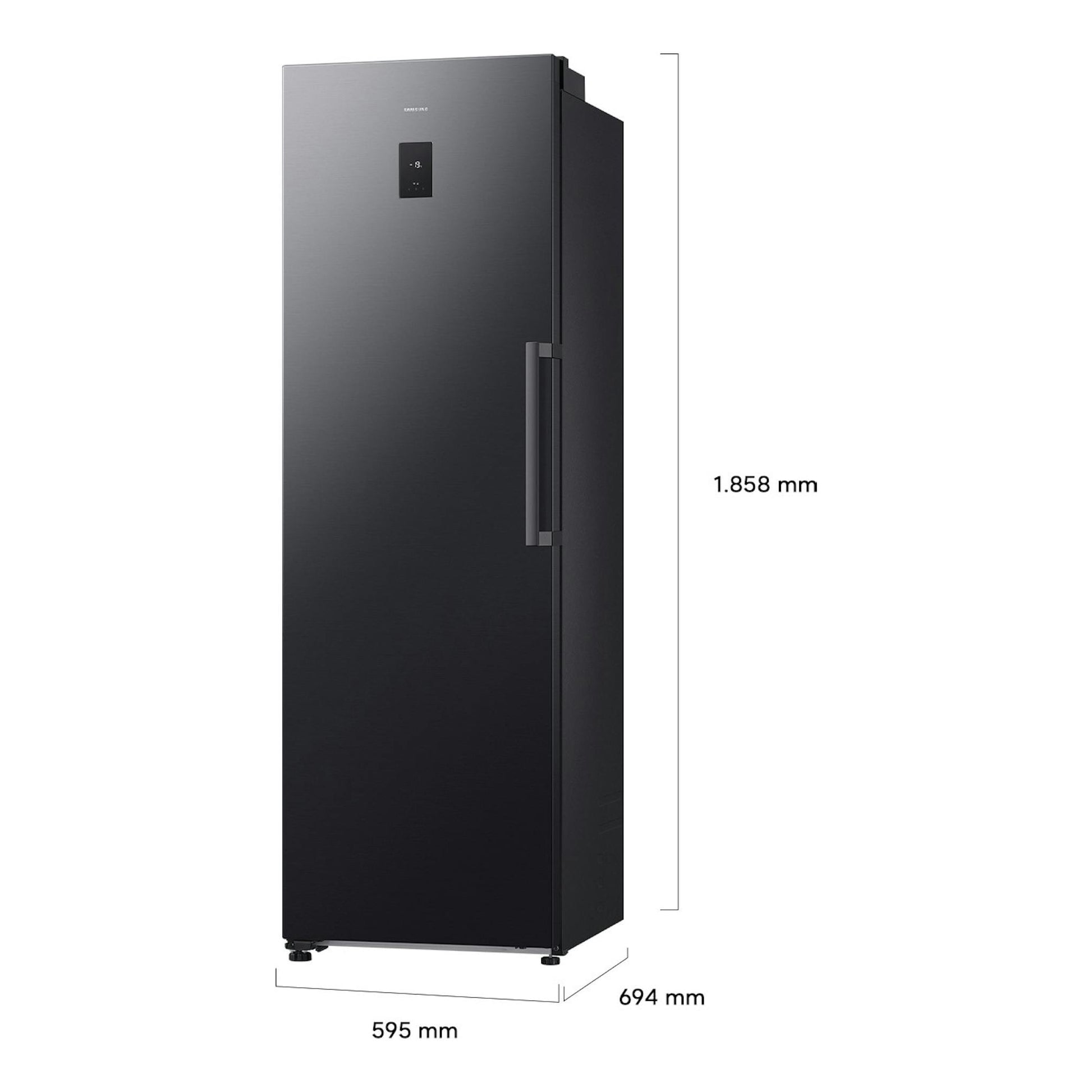 Congelador vertical Samsung RZ70H32HDFEF negro, vista frontal en ángulo, con panel digital y asa lateral.