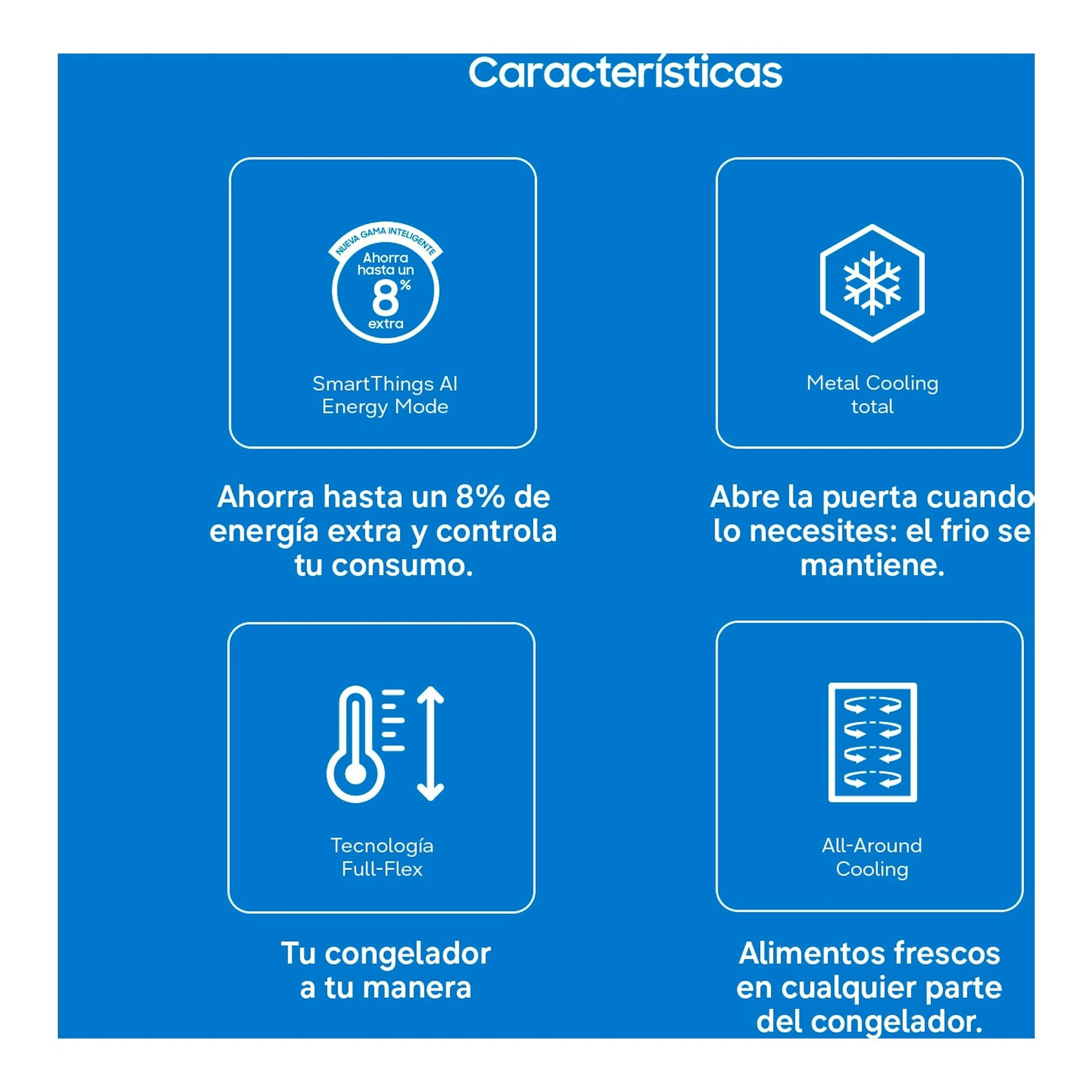 Infografía de Samsung RZ70H32HDFEF con iconos de SmartThings AI, Metal Cooling, Full-Flex y All-Around Cooling.