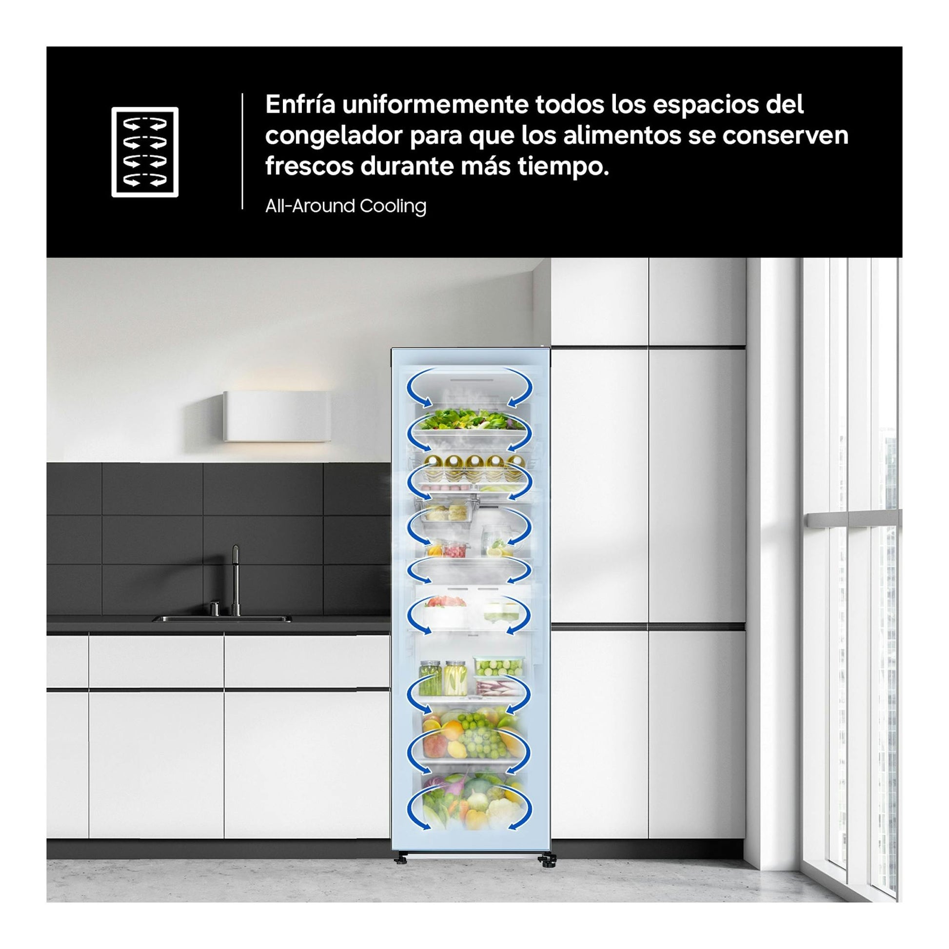 Congelador vertical Samsung RZ70H32HDFEF, vista frontal en cocina blanca, con gráfico de All-Around Cooling.