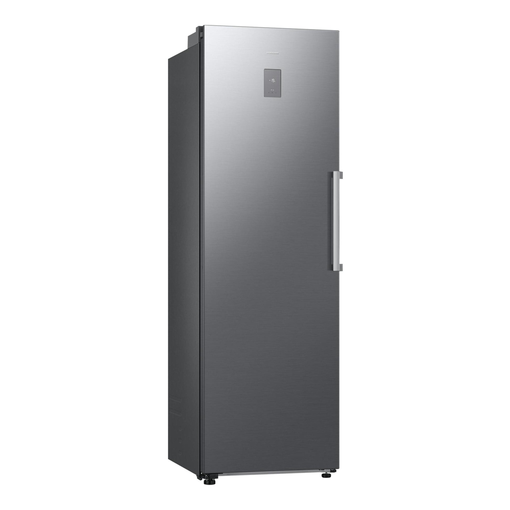 Congelador vertical Samsung RZ70H32HDTEF inox, vista frontal con ligero ángulo lateral y panel digital.