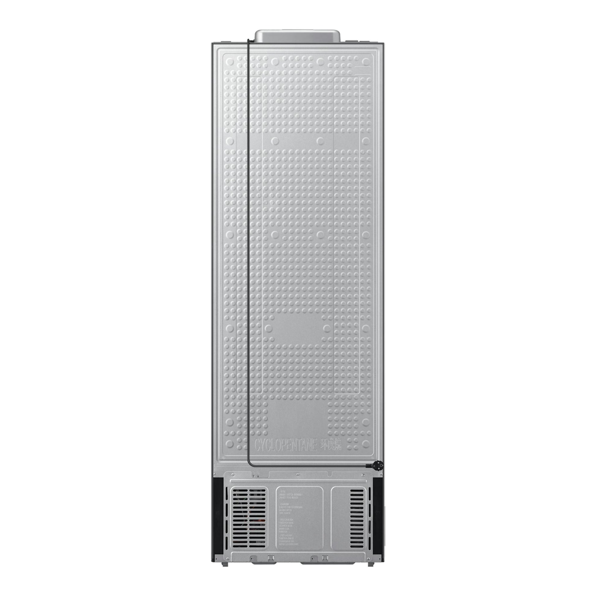 Congelador vertical Samsung RZ70H32HDTEF inox, vista trasera, panel metálico plateado y rejilla inferior.