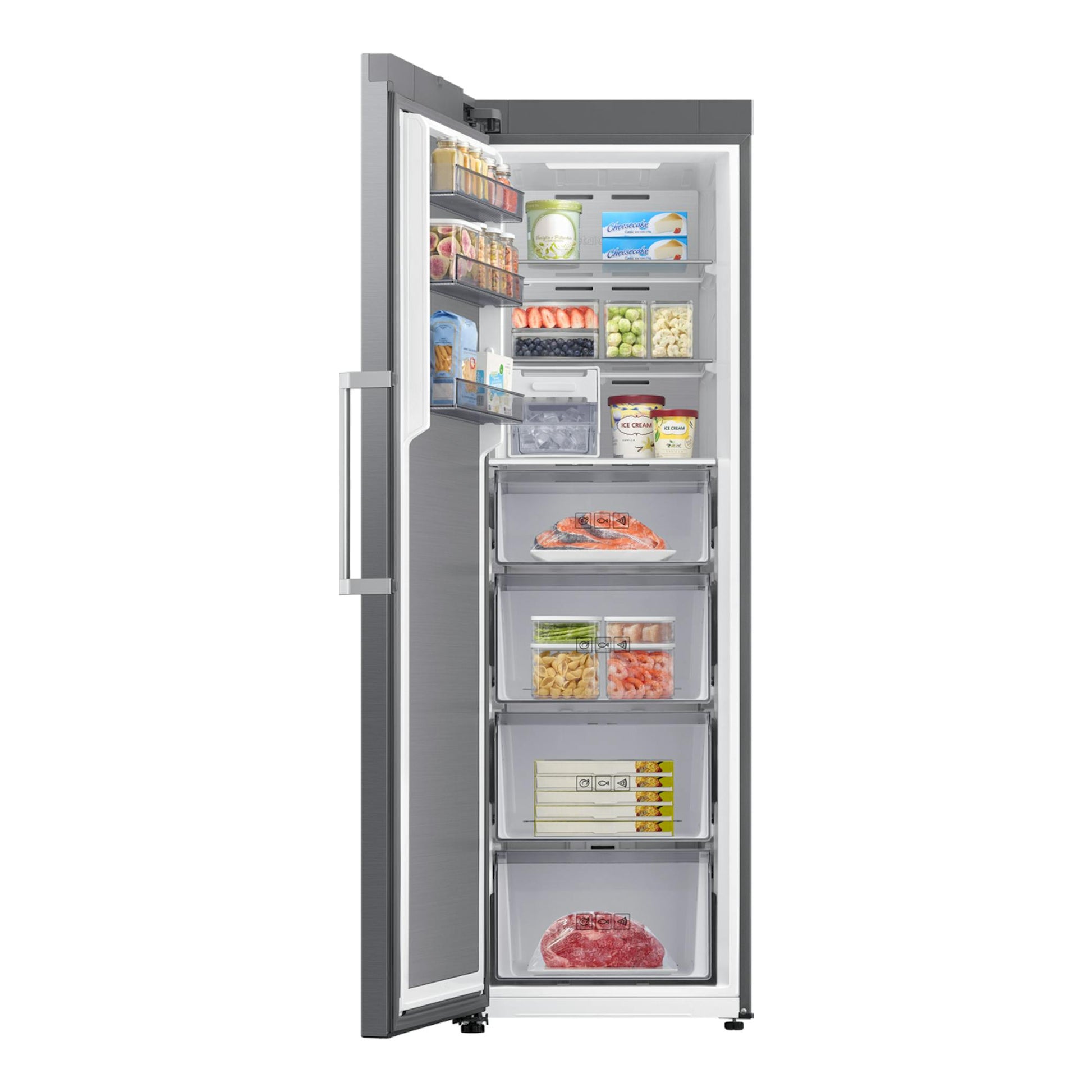 Congelador vertical Samsung RZ70H32HDTEF en inox, puerta abierta, vista frontal del interior con cajones y estantes.