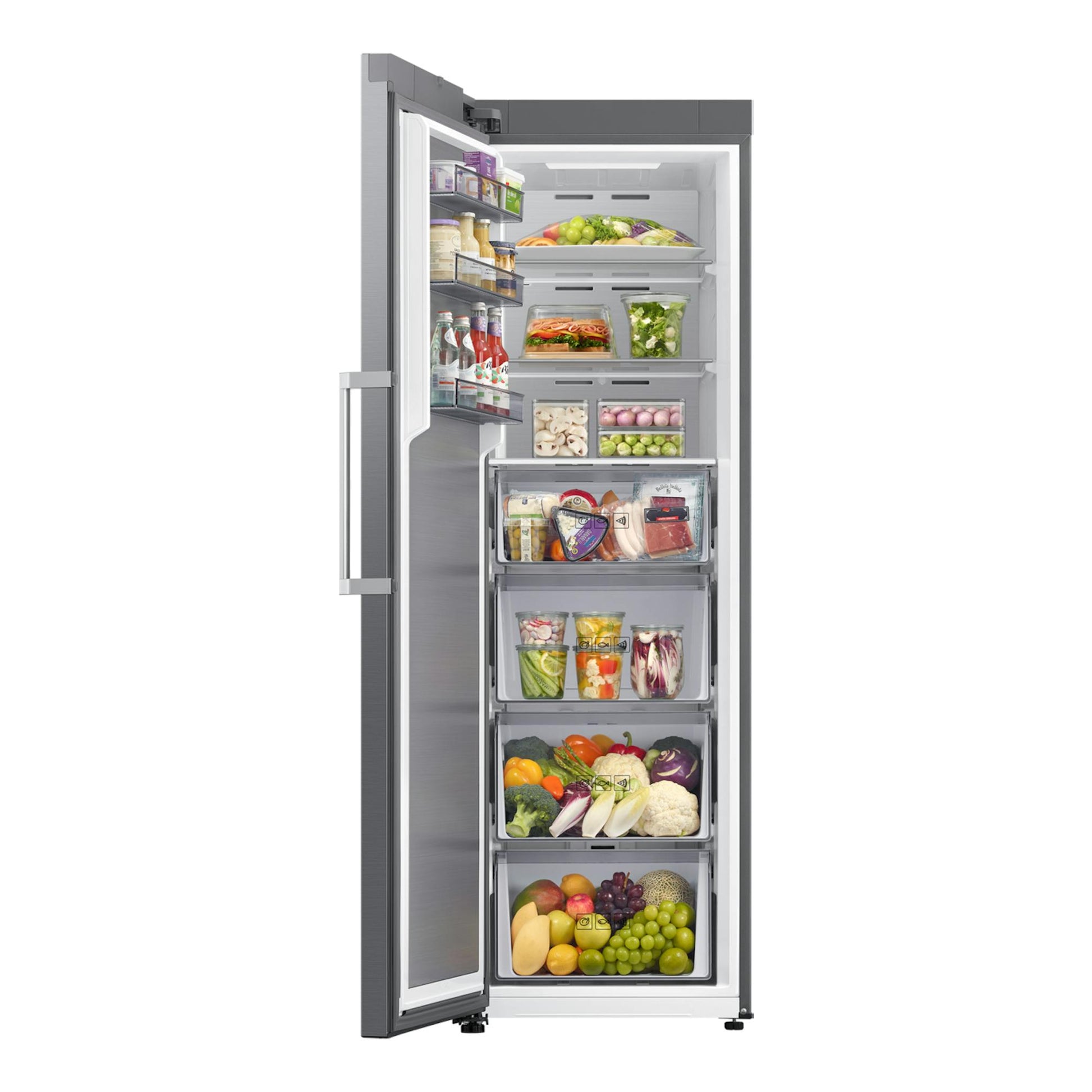 Congelador vertical Samsung RZ70H32HDTEF en inox, vista frontal con puerta abierta y cajones llenos.