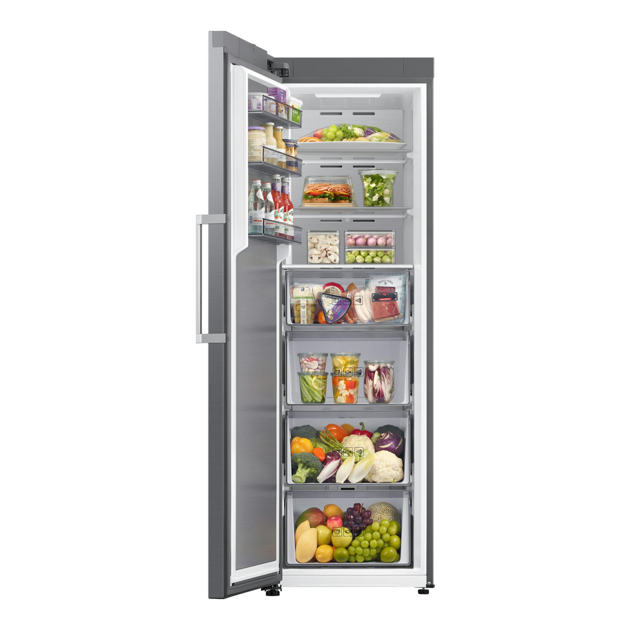 Congelador vertical Samsung RZ70H32HDTEF en inox, vista frontal con puerta abierta y cajones llenos.