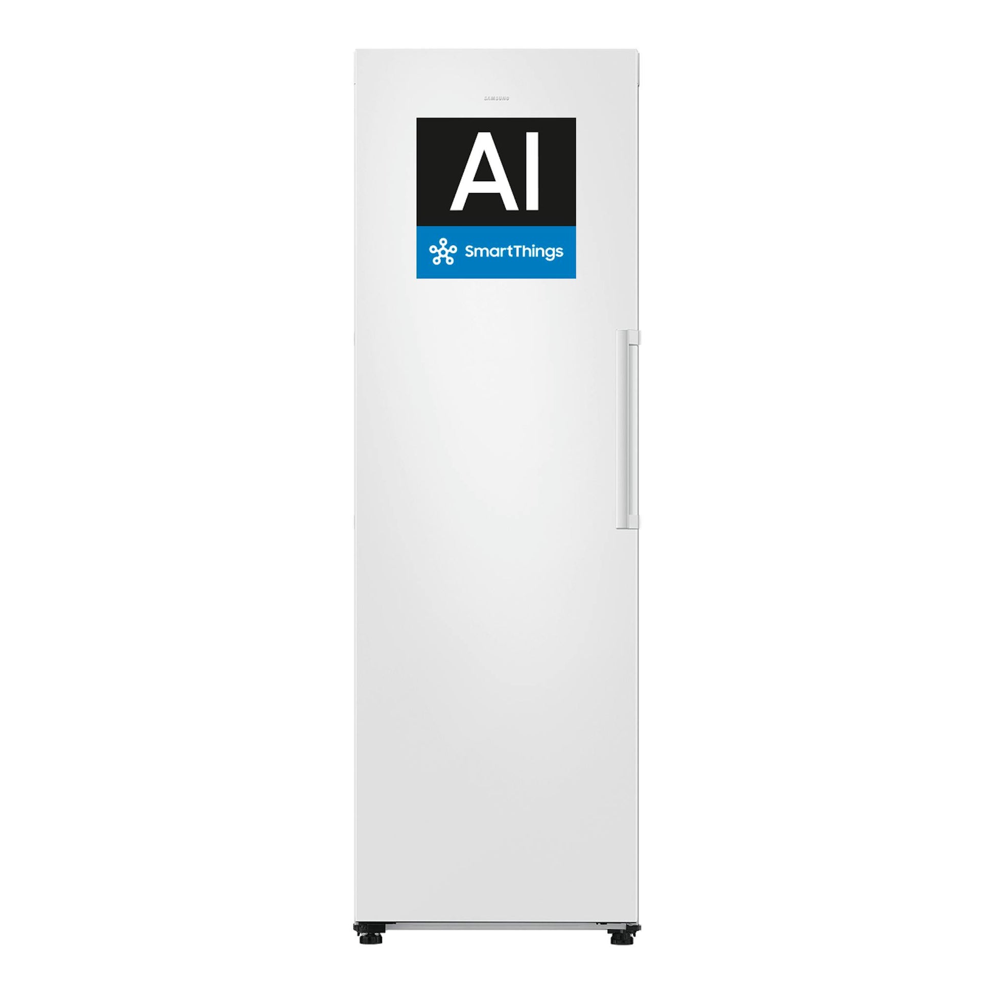 Congelador vertical Samsung RZ70H32KEVEF blanco, vista frontal, con asa derecha y etiqueta AI SmartThings.
