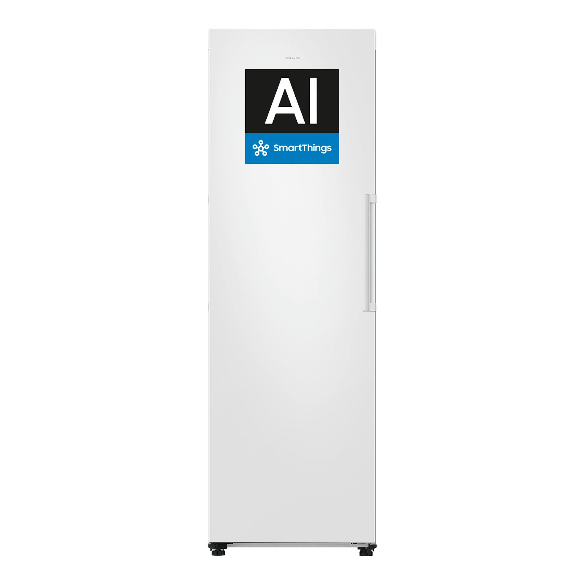 Congelador vertical Samsung RZ70H32KEVEF blanco, vista frontal, con asa derecha y etiqueta AI SmartThings.