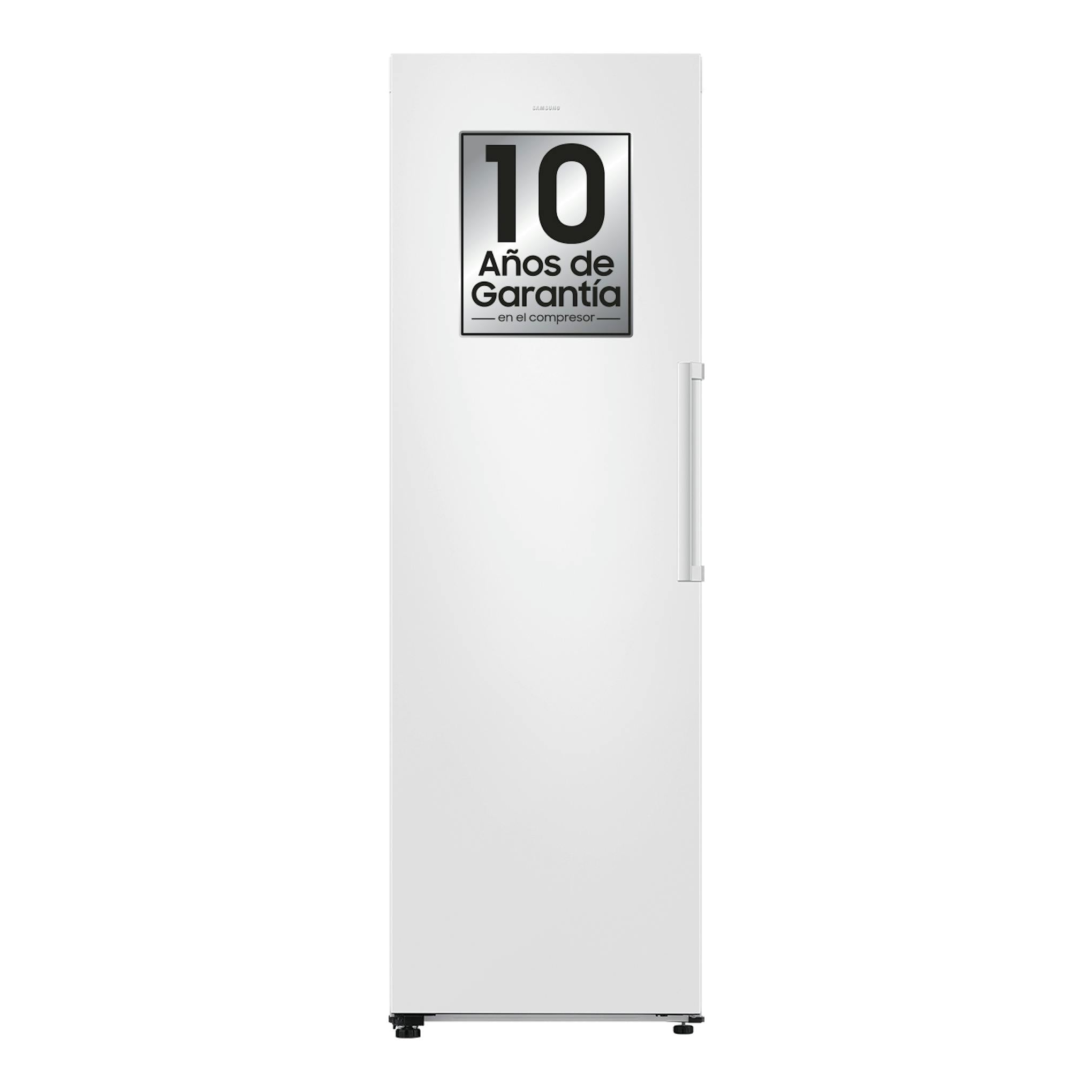 Congelador vertical Samsung RZ70H32KEVEF blanco, vista frontal, con pegatina de 10 años de garantía.