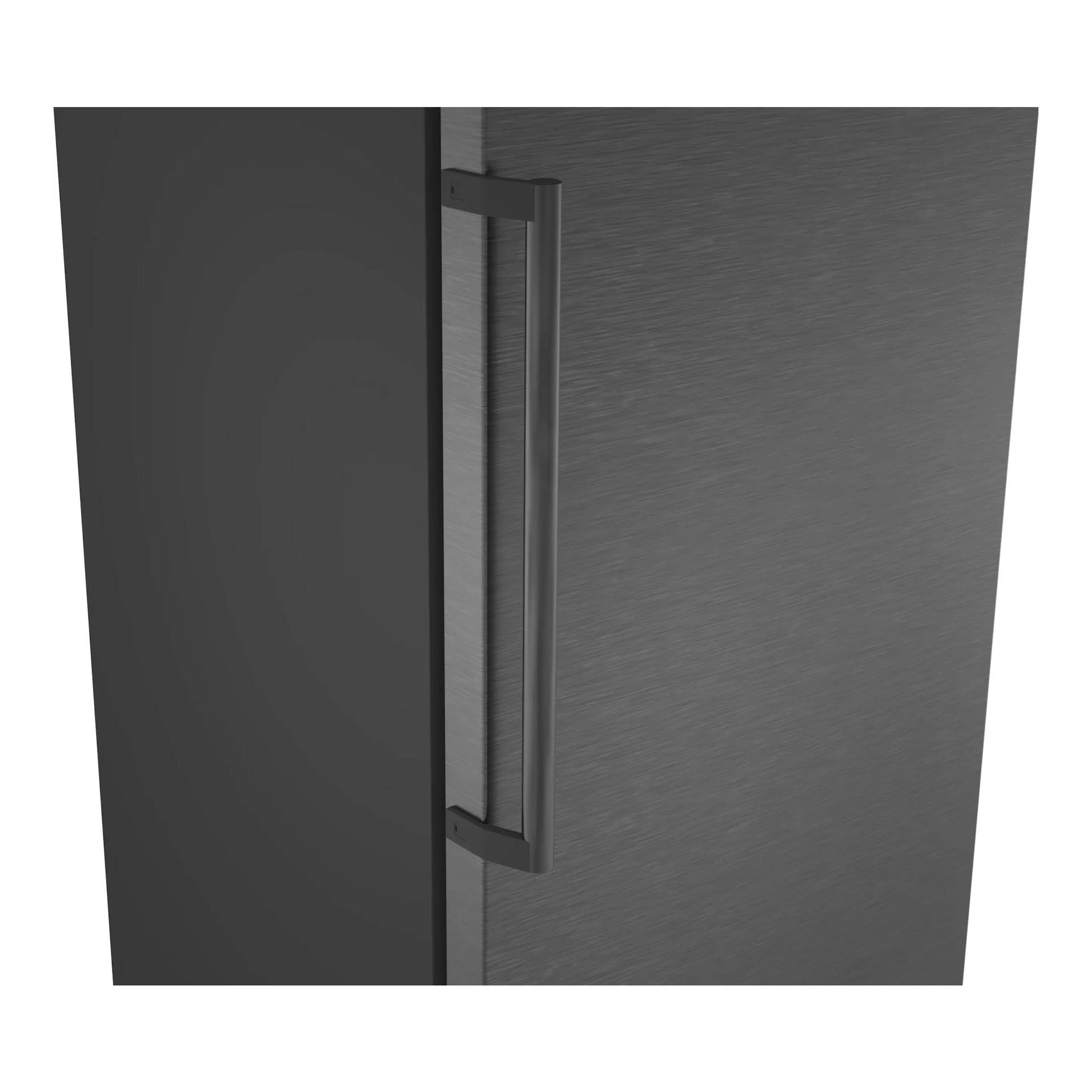 Congelador Siemens GS36NAXCG de acero inoxidable, vista frontal parcial con asa vertical.