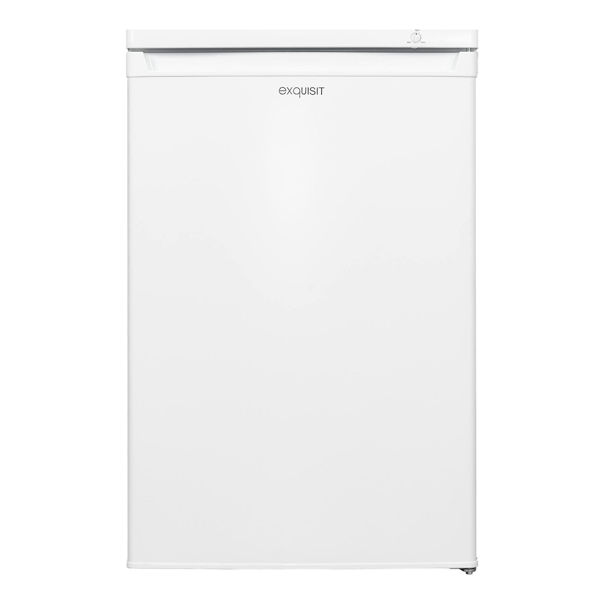 Congelador vertical blanco Exquisit GS80-040E, vista frontal, con mando superior y puerta lisa.