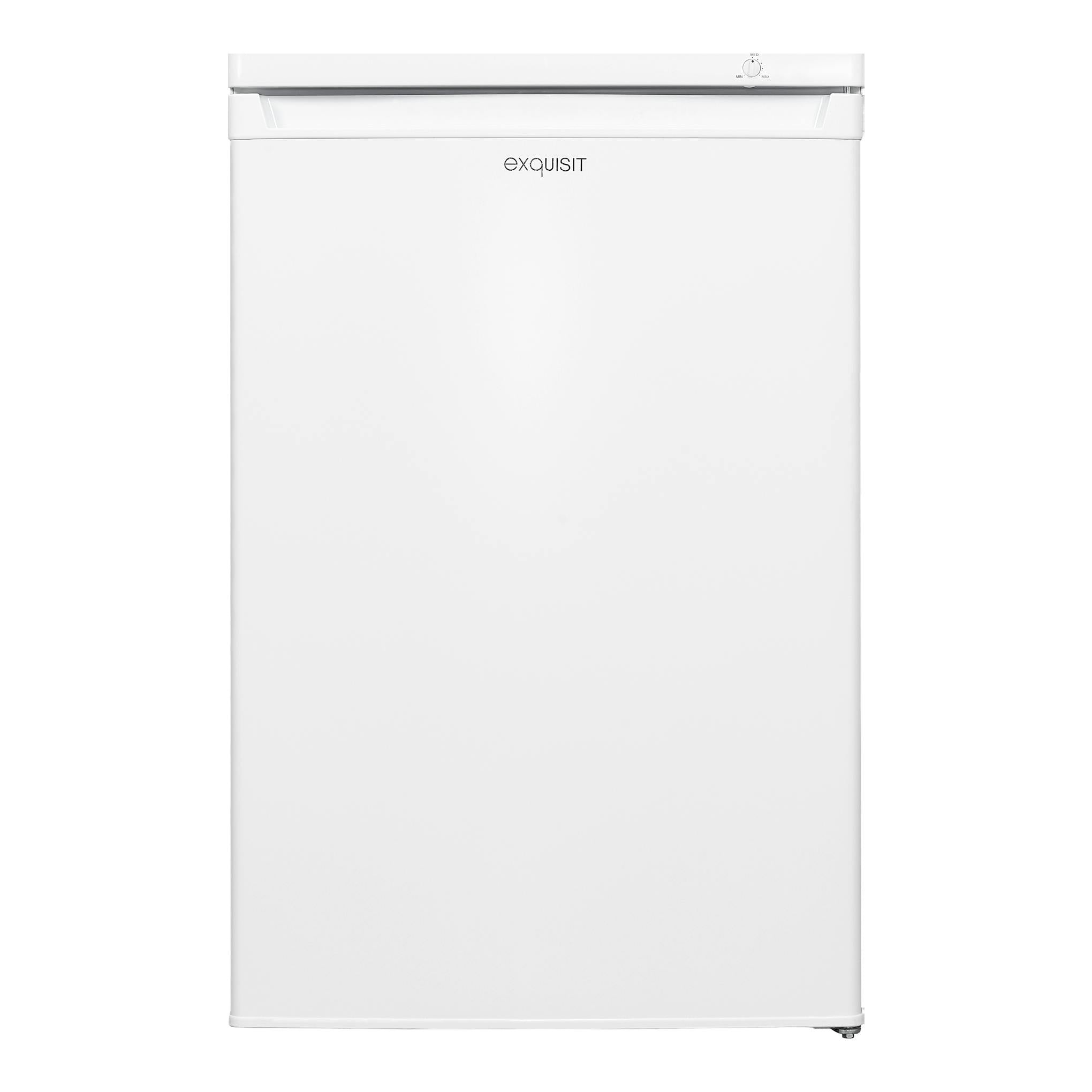 Congelador vertical blanco Exquisit GS80-040E, vista frontal, con mando superior y puerta lisa.