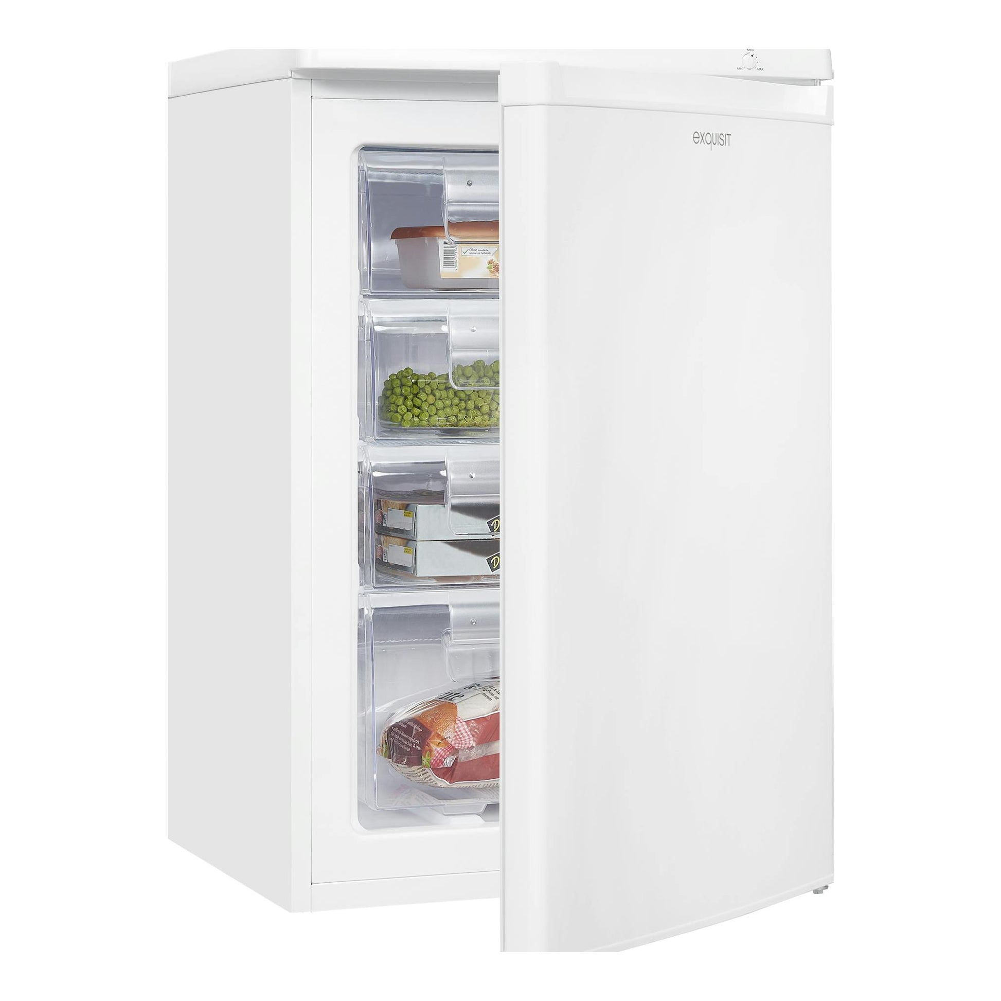 Congelador vertical Exquisit GS80-040E blanco, vista frontal con la puerta abierta y cajones transparentes.