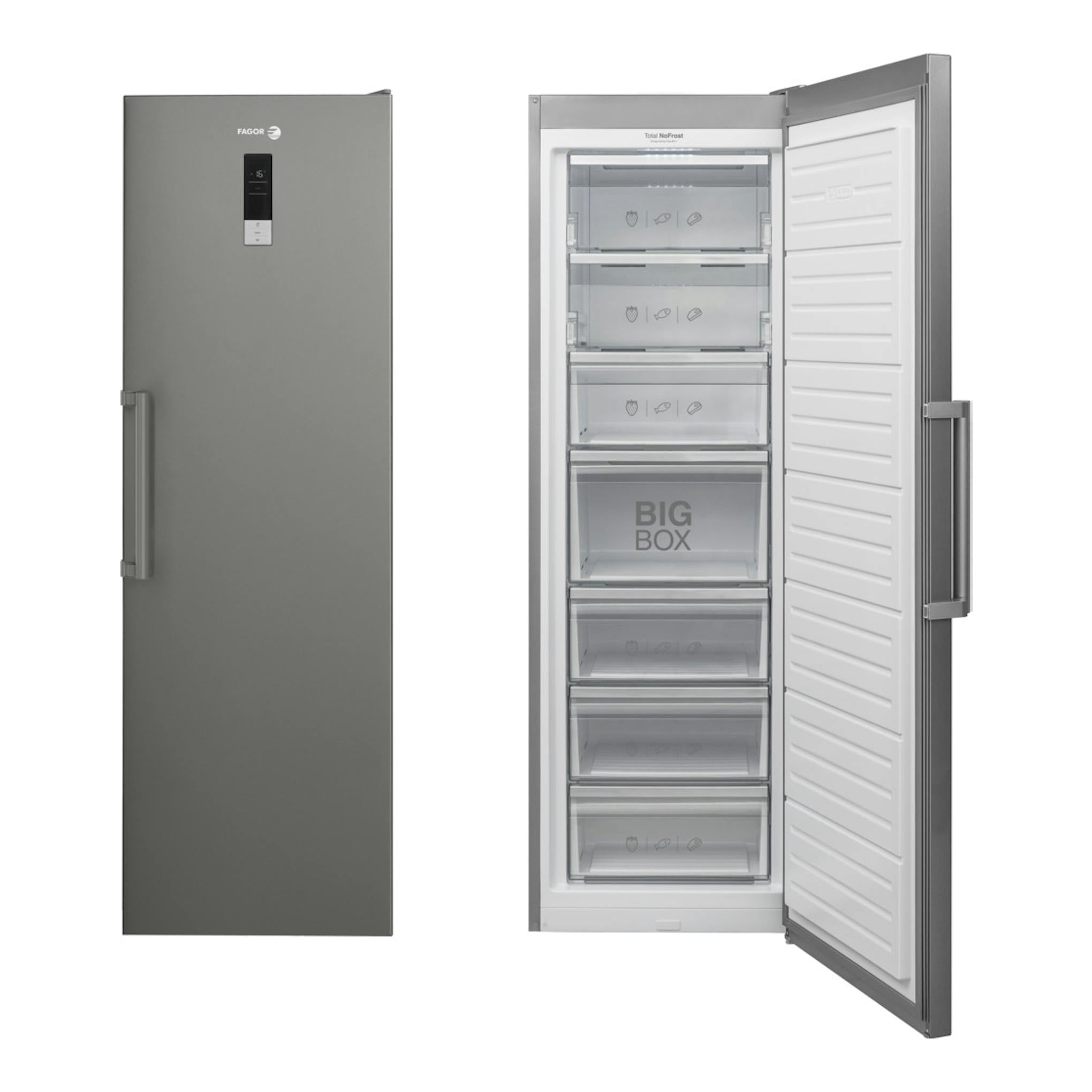 Congelador vertical Fagor 3ZFK-1875X inox, vista frontal cerrada y abierta, con cajones.