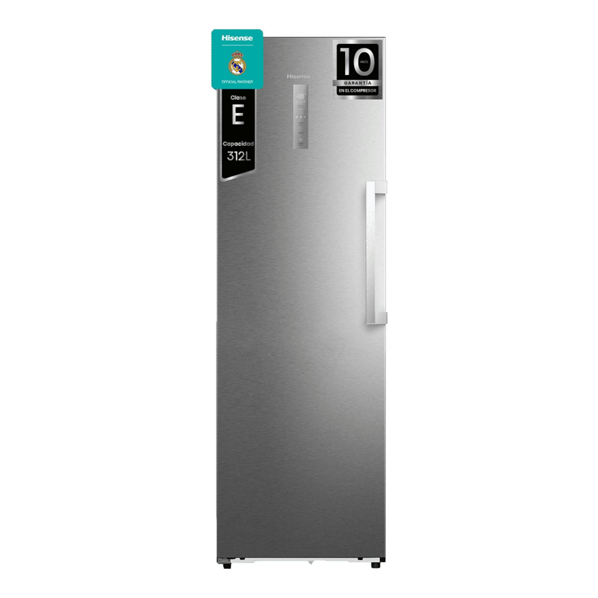 Congelador vertical Hisense FT3K310SAIE1 inox, vista frontal.