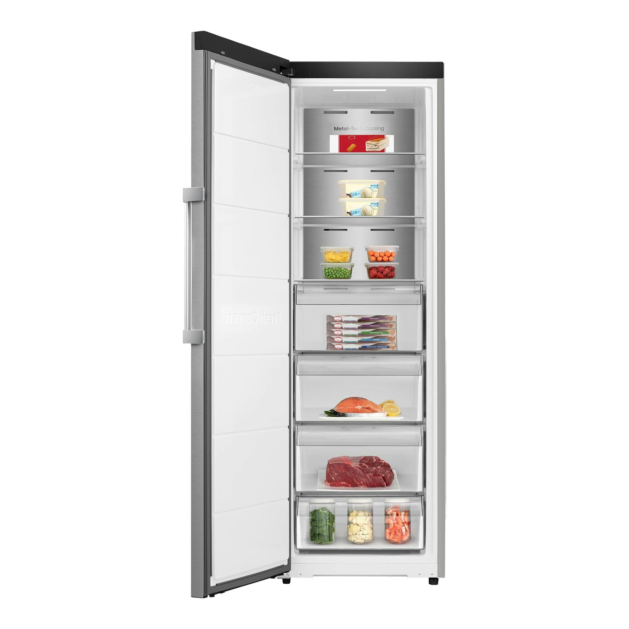 Congelador vertical Hisense FT3K310SAIE1 inox, con la puerta abierta y cajones y baldas visibles.