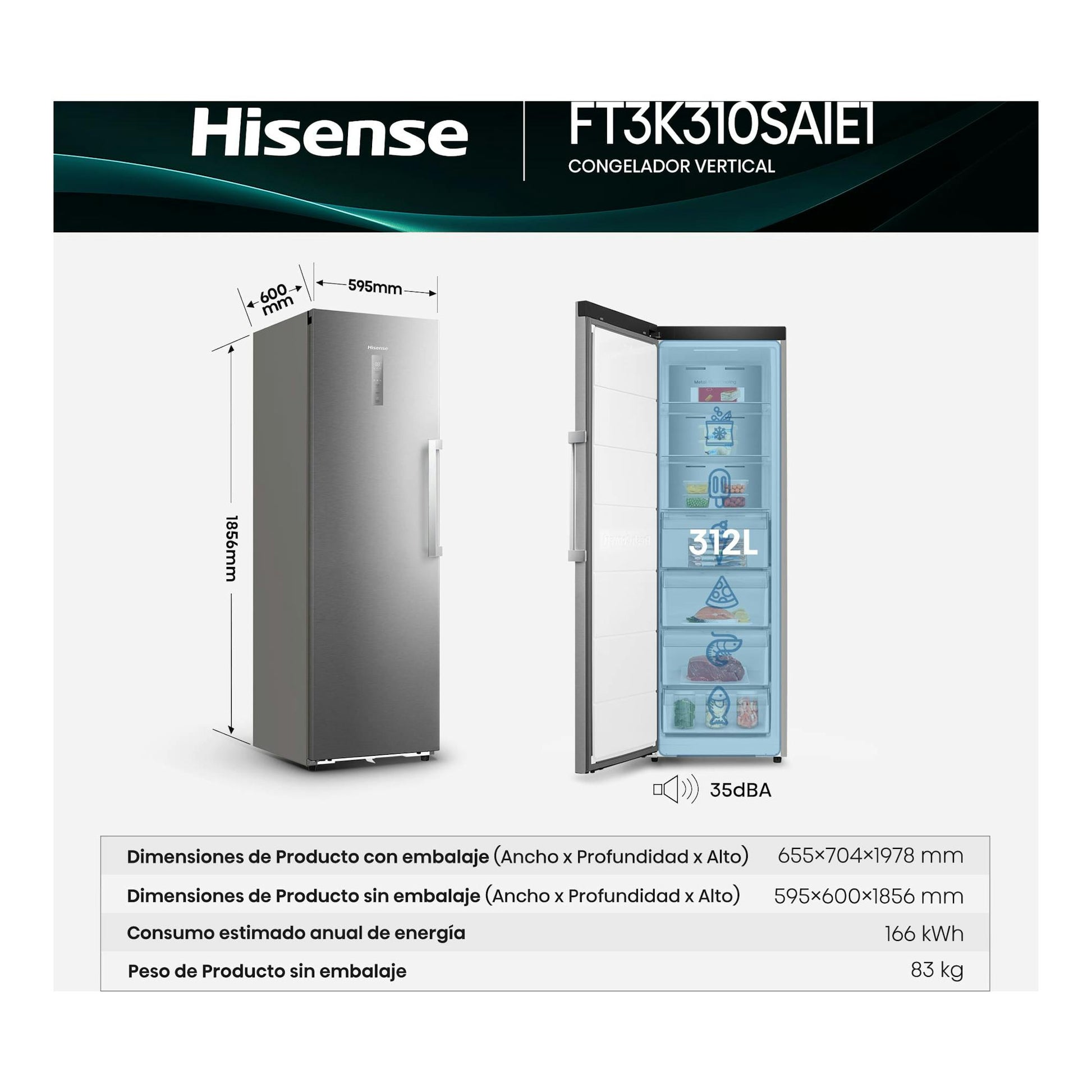Congelador vertical Hisense FT3K310SAIE1 en inox, vista frontal y puerta abierta, 312 L.