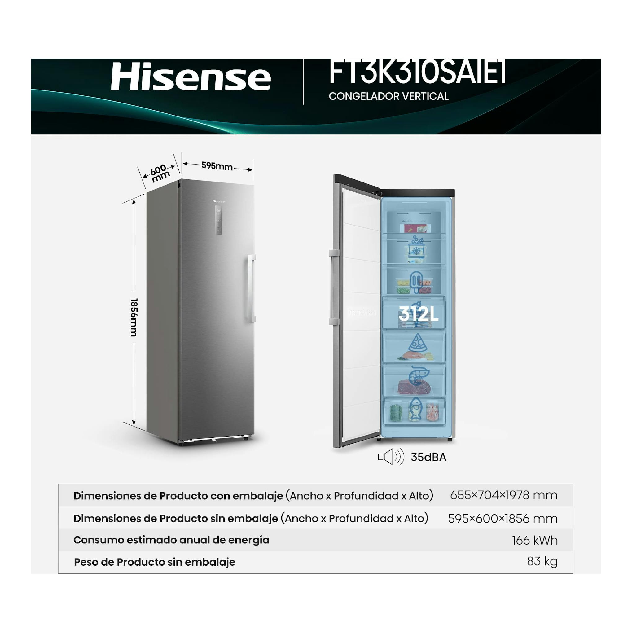 Congelador vertical Hisense FT3K310SAIE1 en inox, vista frontal y puerta abierta, 312 L.