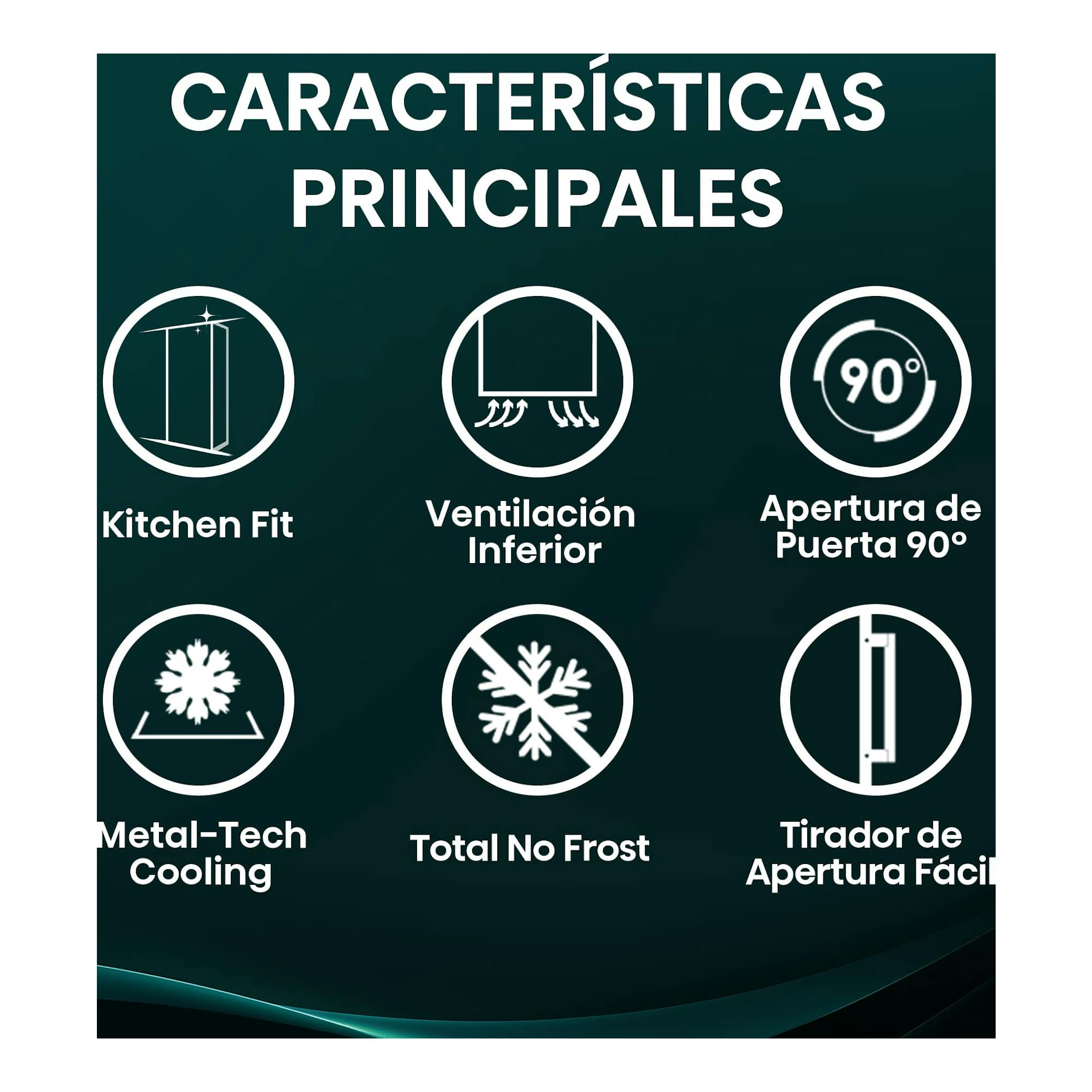 Infografía de Hisense FT3K310SAIE1 con seis iconos de funciones: Kitchen Fit, No Frost y apertura de puerta 90°.