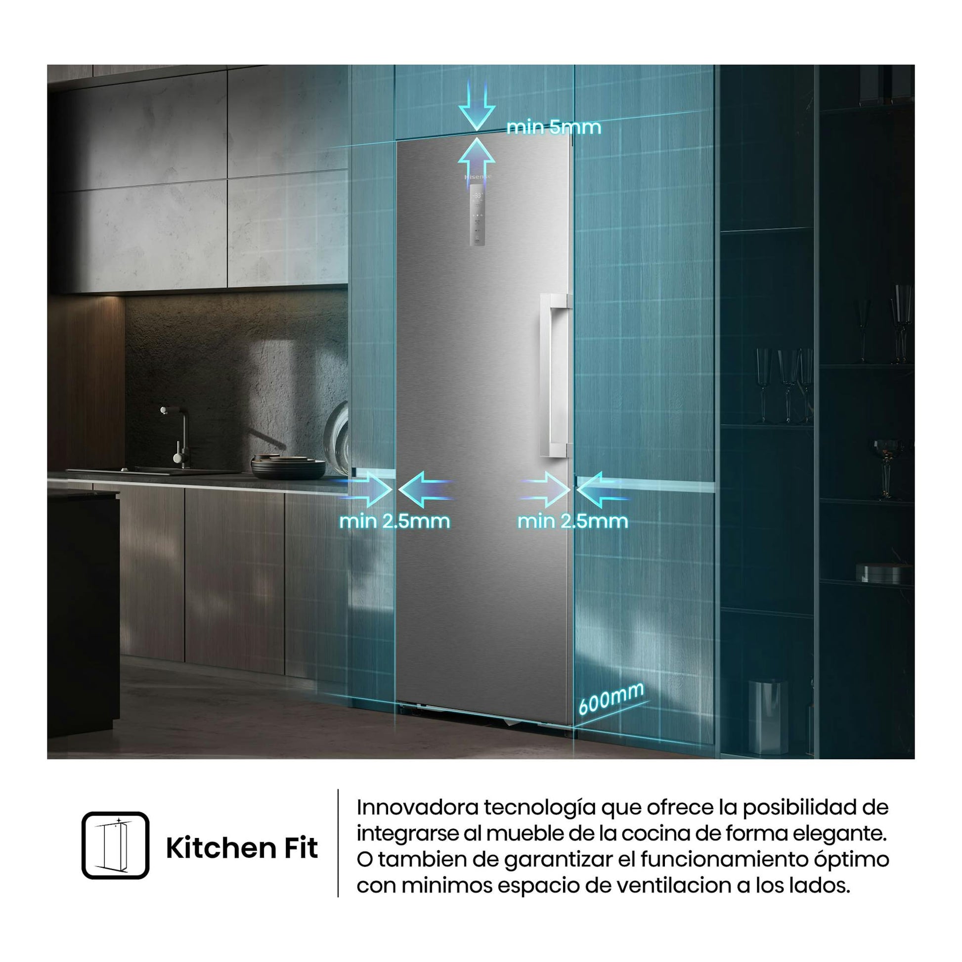 Congelador vertical Hisense FT3K310SAIE1 inox, vista frontal en cocina, con guía de encastre y medidas.